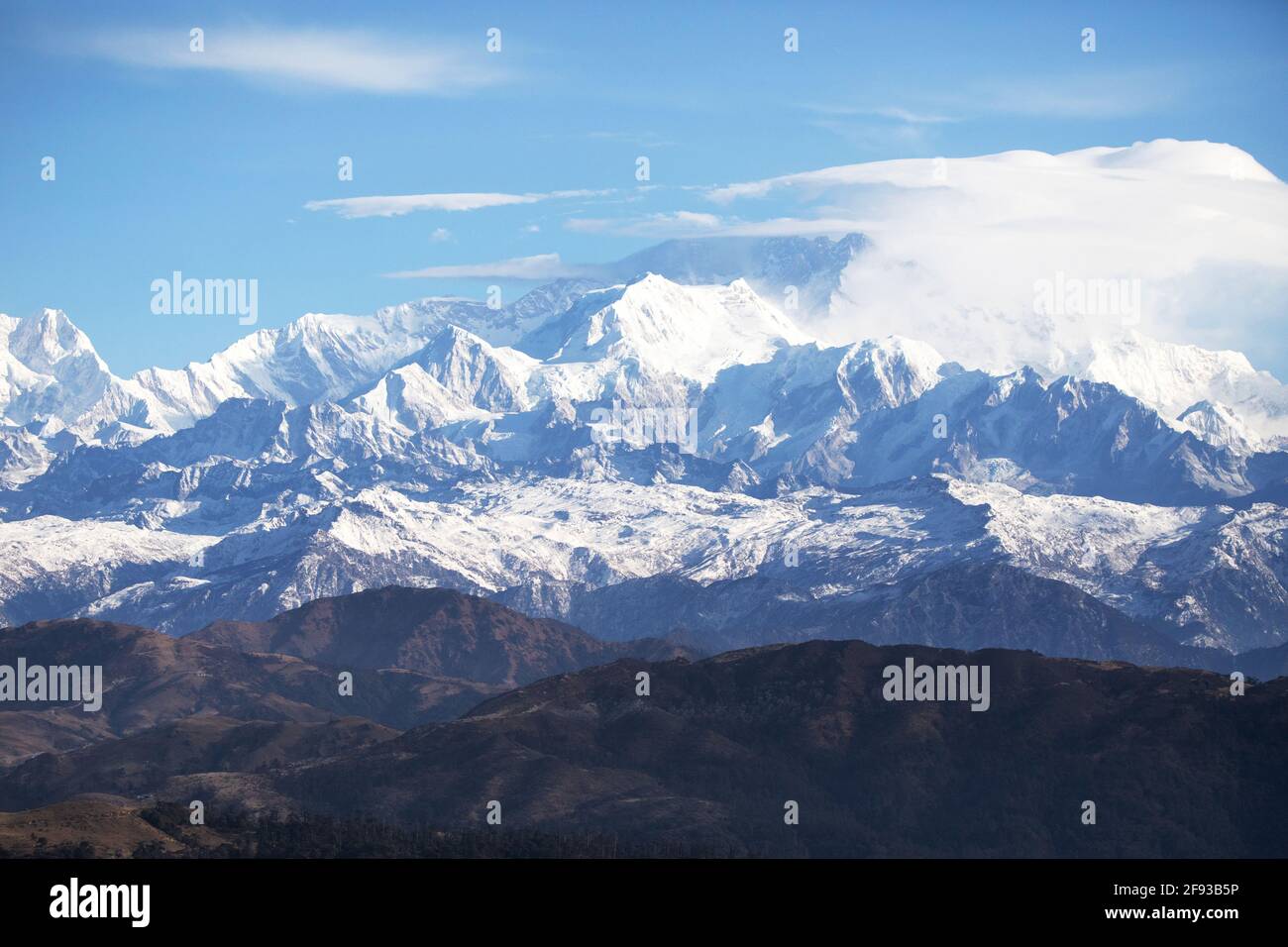 Kangchenjunga or Kanchenjunga, is the third highest mountain in the world. It rises with an elevation of 8,586 m, Nepal Stock Photo