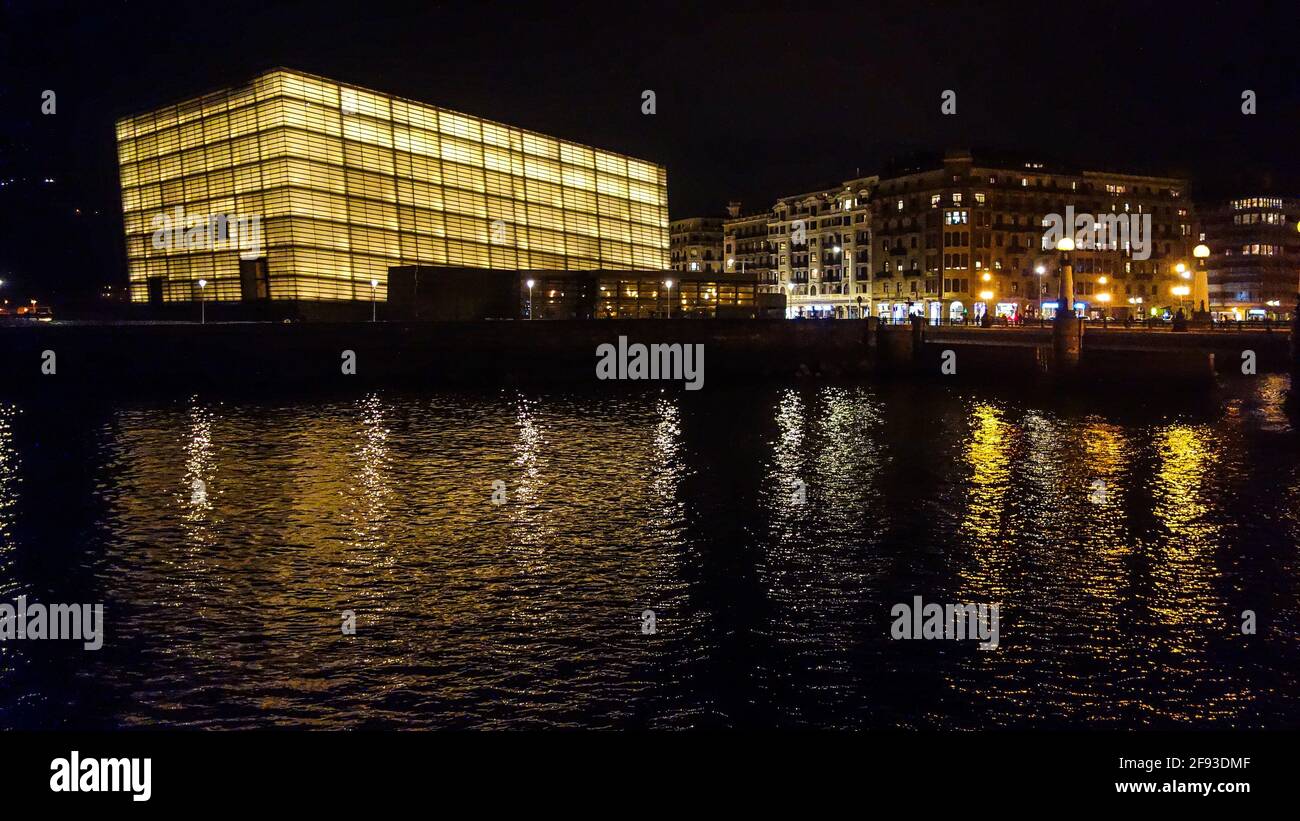 San Sebastian, Spain - Dec 31, 2020: The Kursal building illuminated to celebrate the New Years Stock Photo