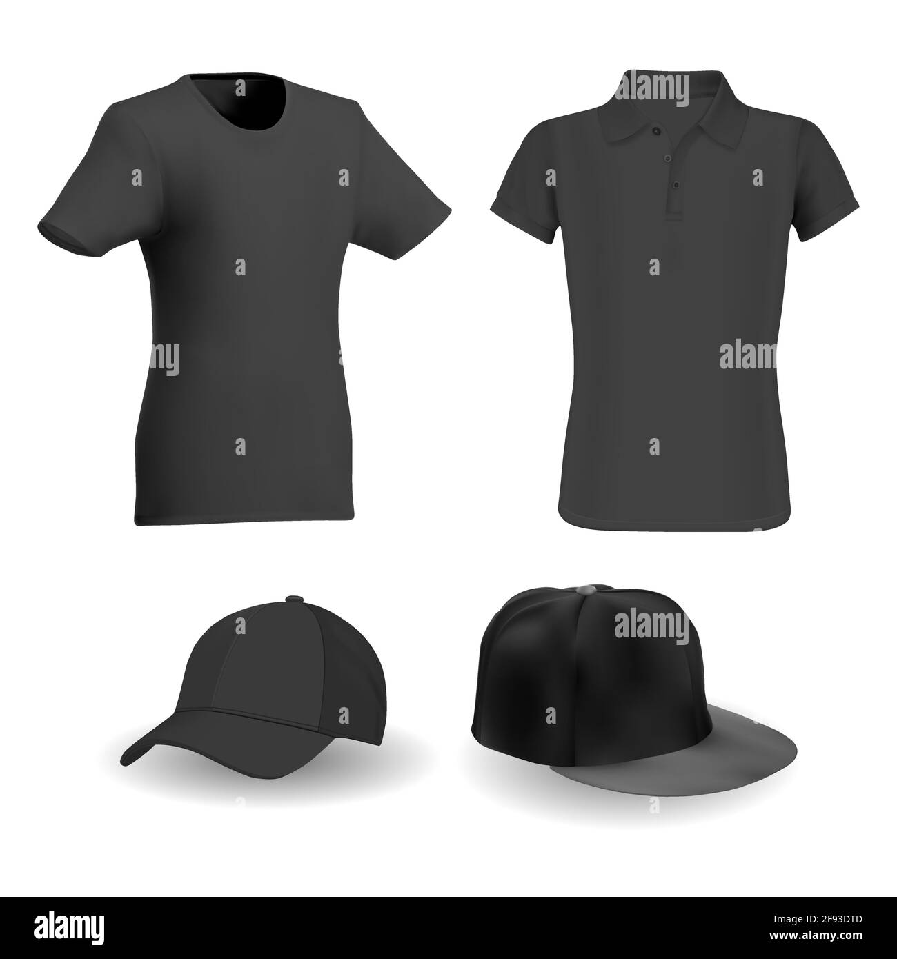 Black tshirt, black baseball hat vector template mockup. Sport apparel realistic blank, active short sleeve outfit. Collar shirt, clothes illustration Stock Vector