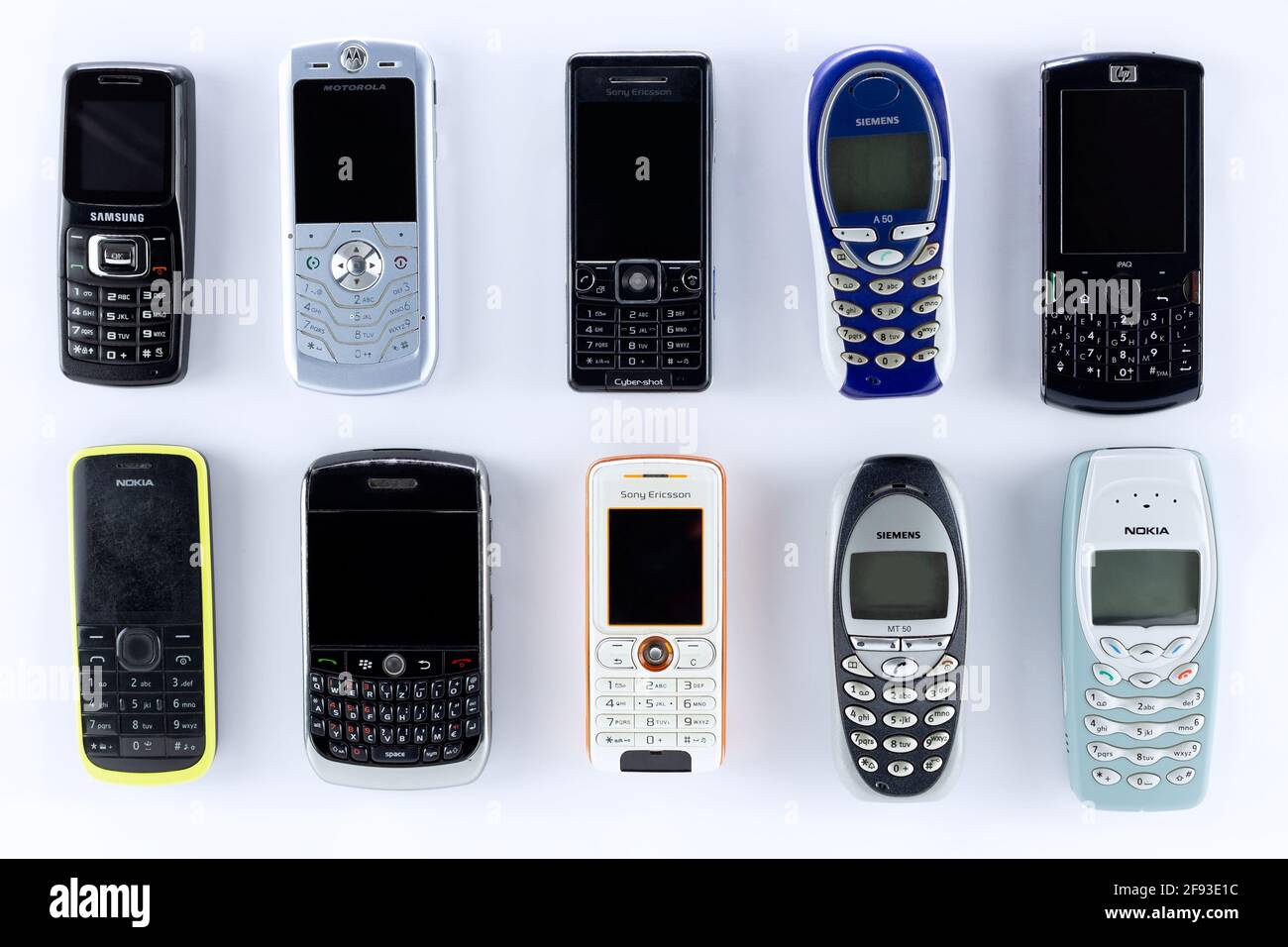 Prague, CZ- 21 January 2021: Various types of Brand and generations old mobile phones. Editorial Stock Photo