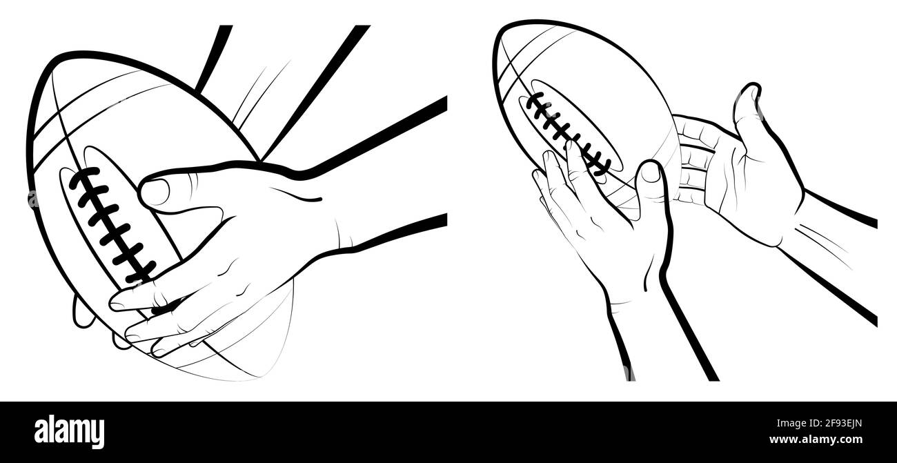 Strong male hands of athlete hold and catch sports ball for american football. Team sports. Active lifestyle. Isolated black and white vector Stock Vector