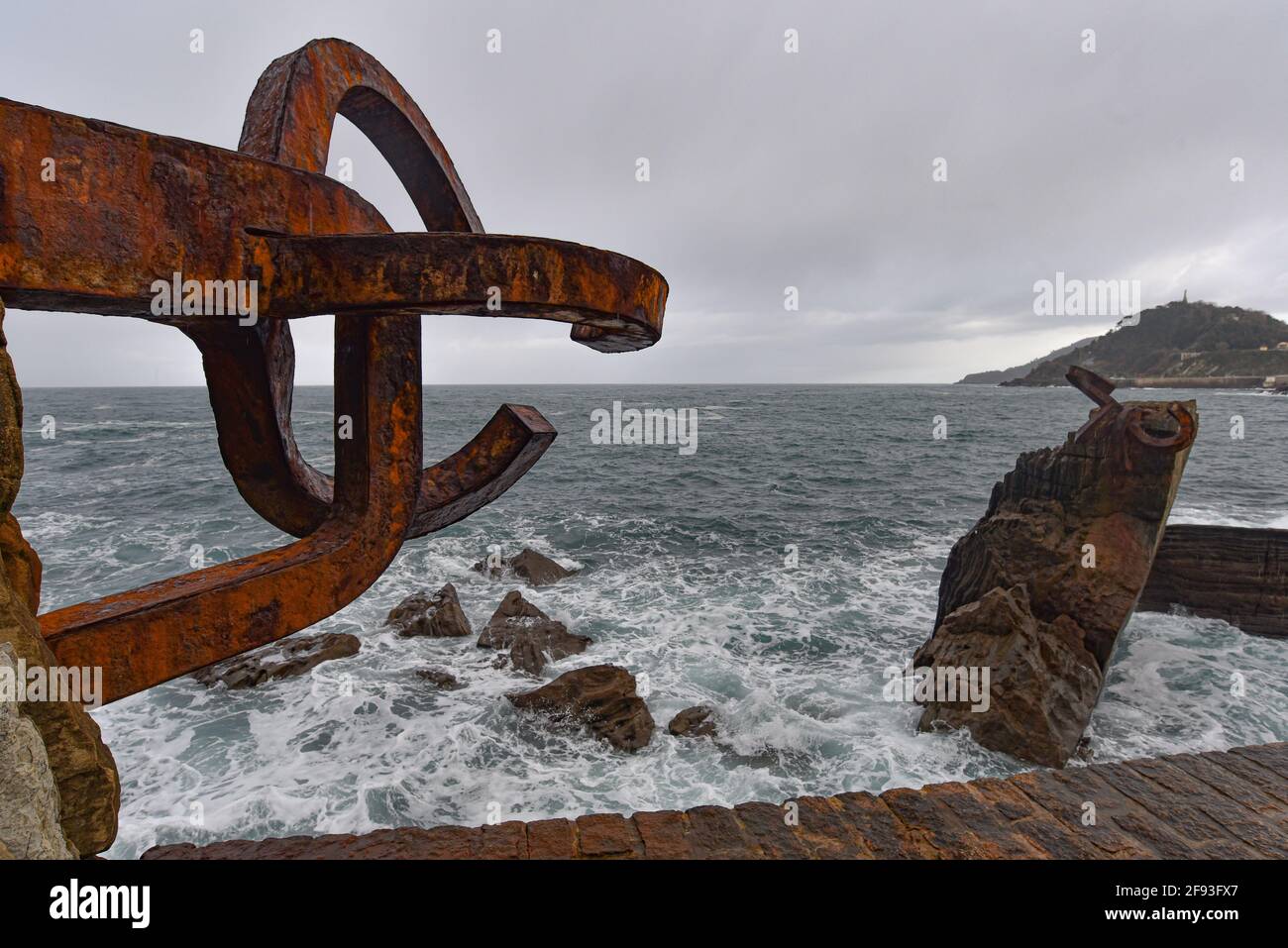 San Sebastian, Spain - Dec 25, 2020: Peine del Viento (Comb of the Sea) sculpture on the coast in San Sebastian, Spain Stock Photo