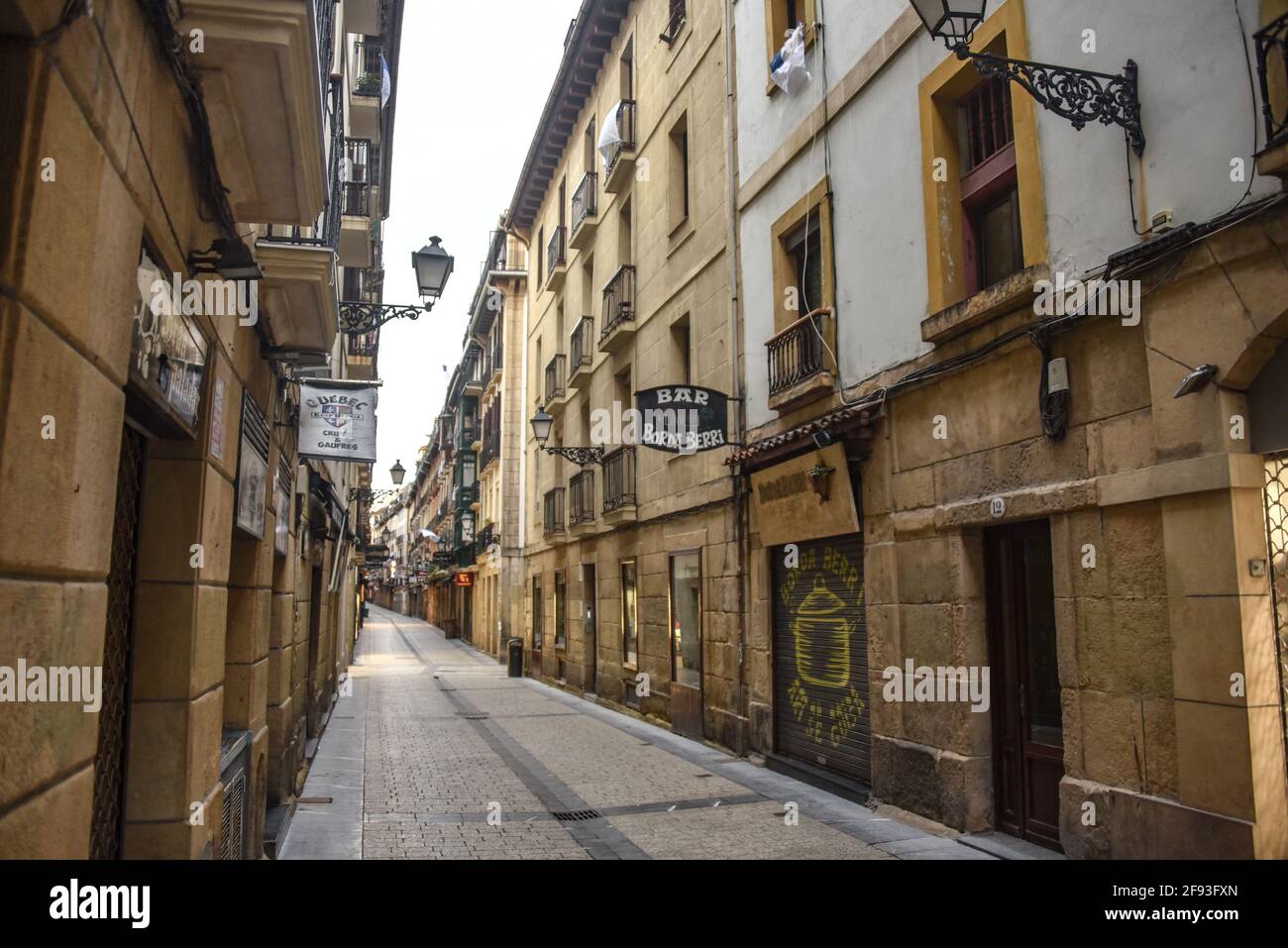 San Sebastian, Spain - Jan 10, 2021: the narrow streets and Pintxo bars of Parte Vieja in the early morning Stock Photo