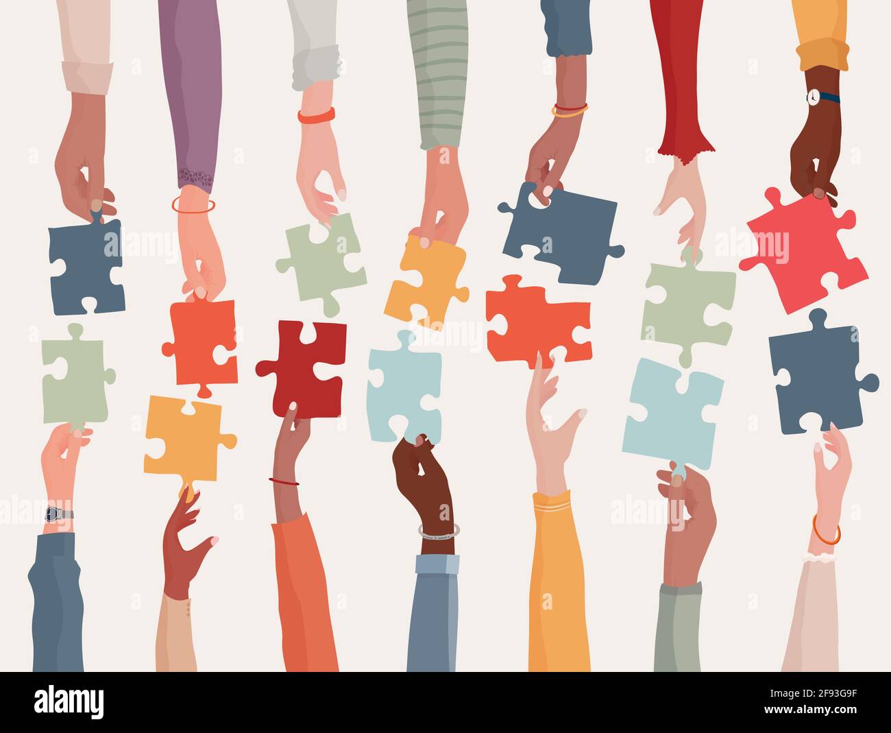 Agreement or affair between a group of colleagues or collaborators. Diversity people co-workers who collaborate. Arms and hands holding a jigsaw Stock Vector