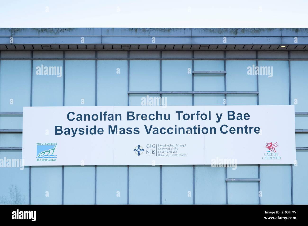 CARDIFF, WALES - MARCH 25: Bayside mass vaccination centre in Cardiff Bay on March 25, 2021 in Cardiff, Wales. The infection rate across Wales is now Stock Photo