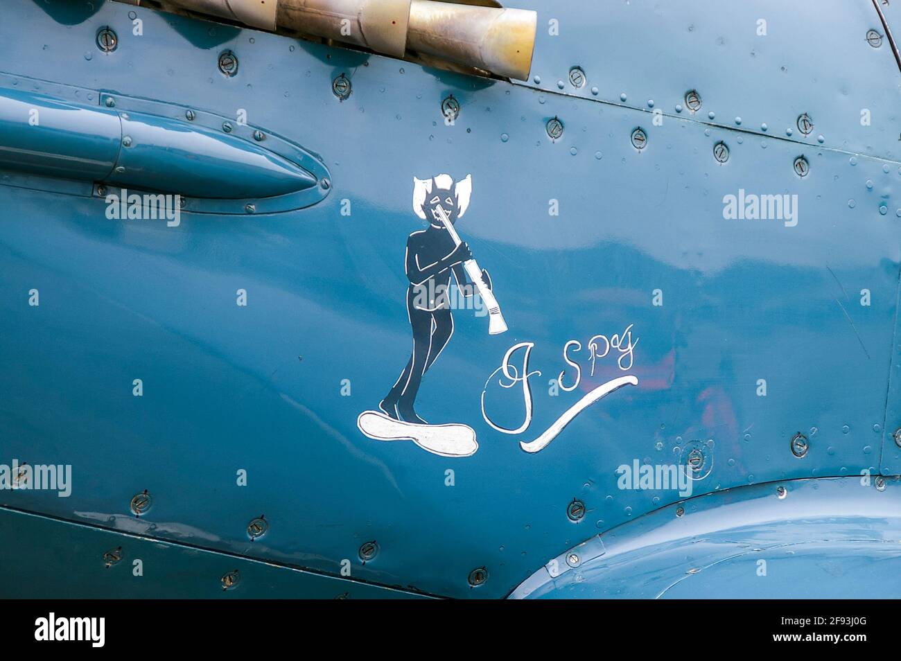 Rolls Royce owned and operated Supermarine Spitfire PRXIX serial PS853 with nose art of an imp and I Spy. Photo reconnaissance blue Spitfire Stock Photo