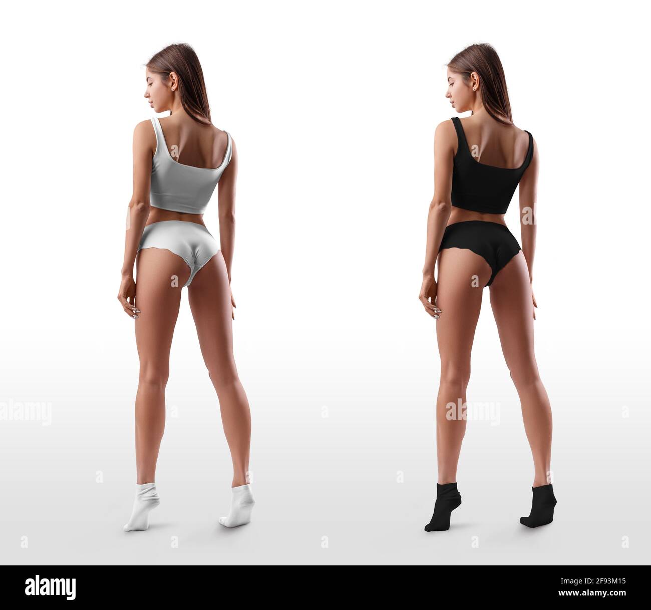 White, black underwear template on sexy girl body, rear view, isolated on  background in studio. Mockup of clothes, seamless top and panties, for  desig Stock Photo - Alamy