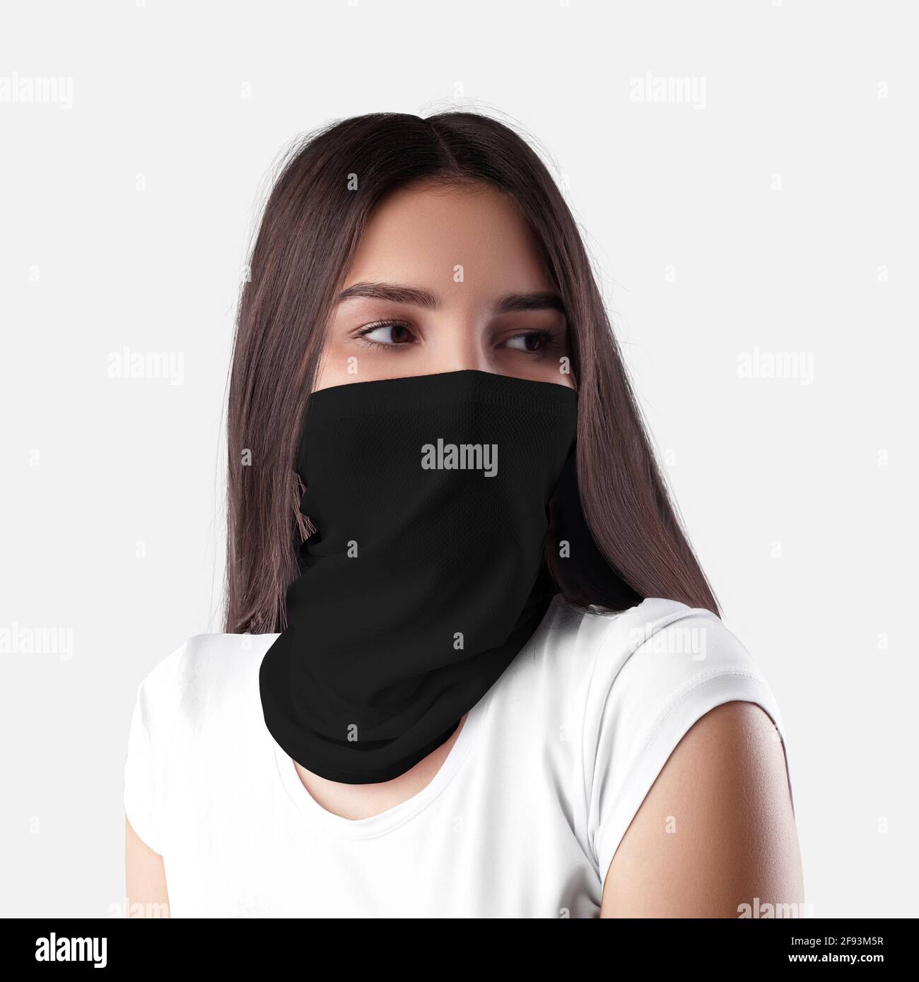 Mockup of a black buff on a beautiful girl, a bandage on the face for  sports, protection, for design, print, pattern. Stylish half mask template  for l Stock Photo - Alamy