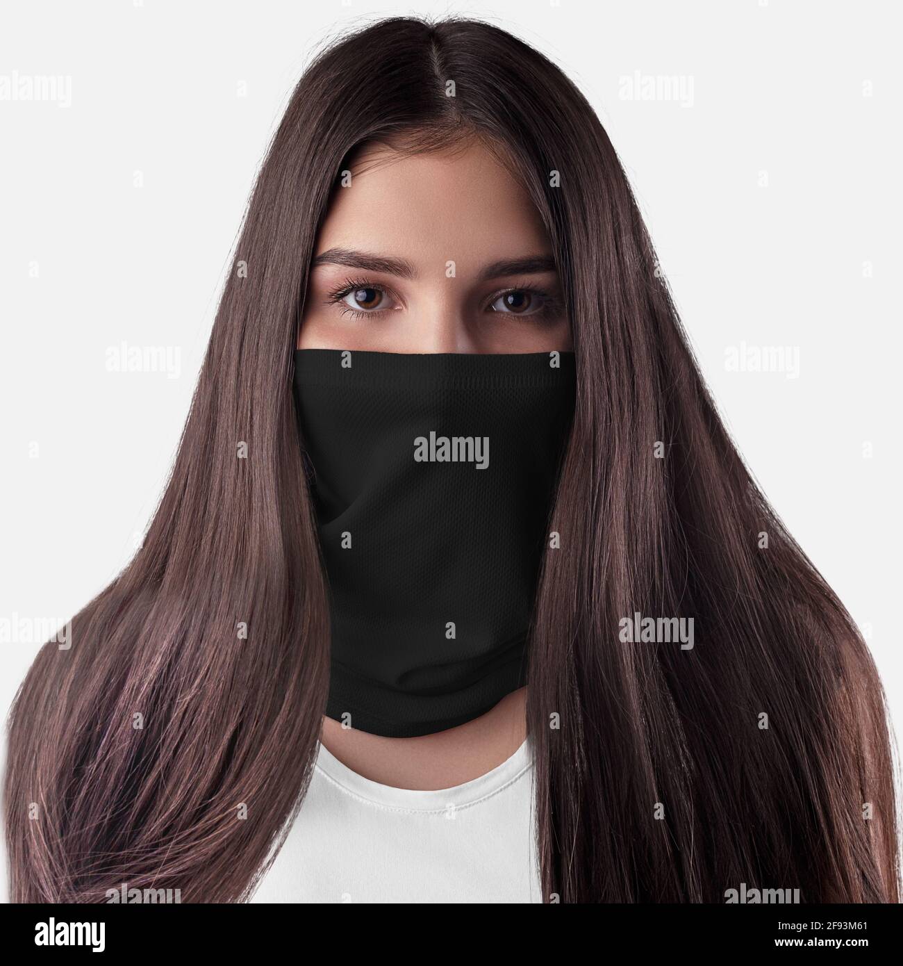 Mockup of a black buff on a girl with loose dark hair, an empty half mask for sports, for presentation of design, print. Fashionable bandage template Stock Photo