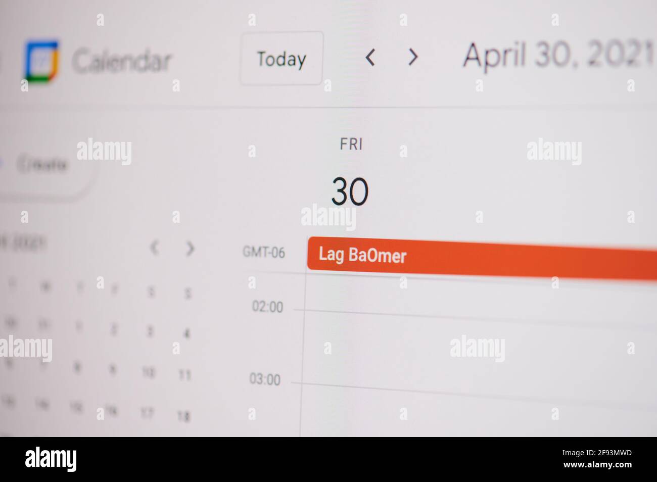 New york, USA - February 17, 2021: Lag BaOmer 30 of April on google calendar on laptop screen close up view. Stock Photo