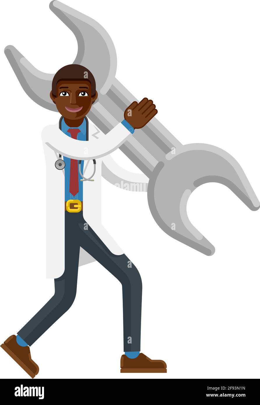 Black Doctor Man Holding Spanner Wrench Mascot Stock Vector