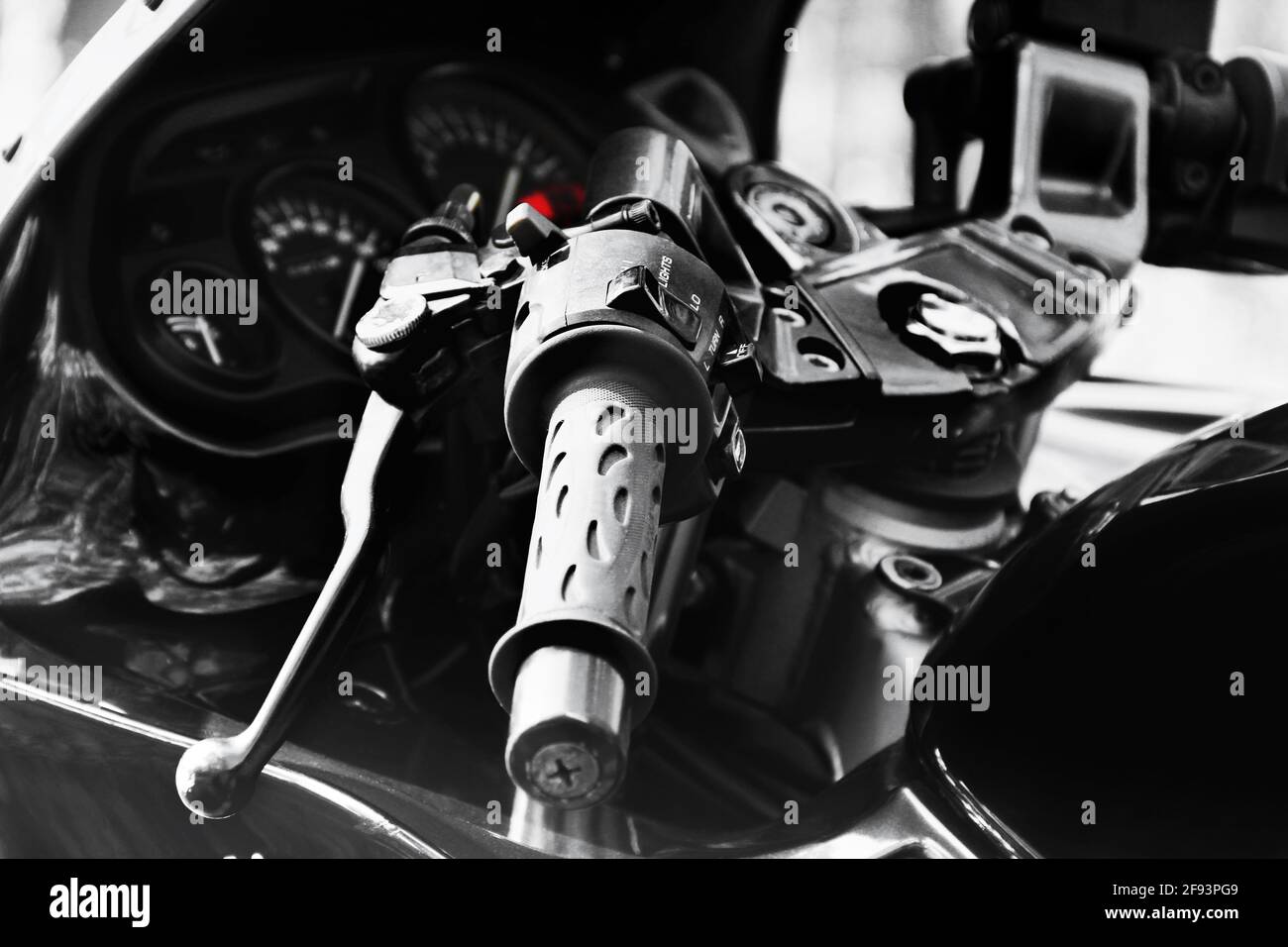 Part of a motorcycle closeup. Motorcycle Details. Bike. Steering wheel