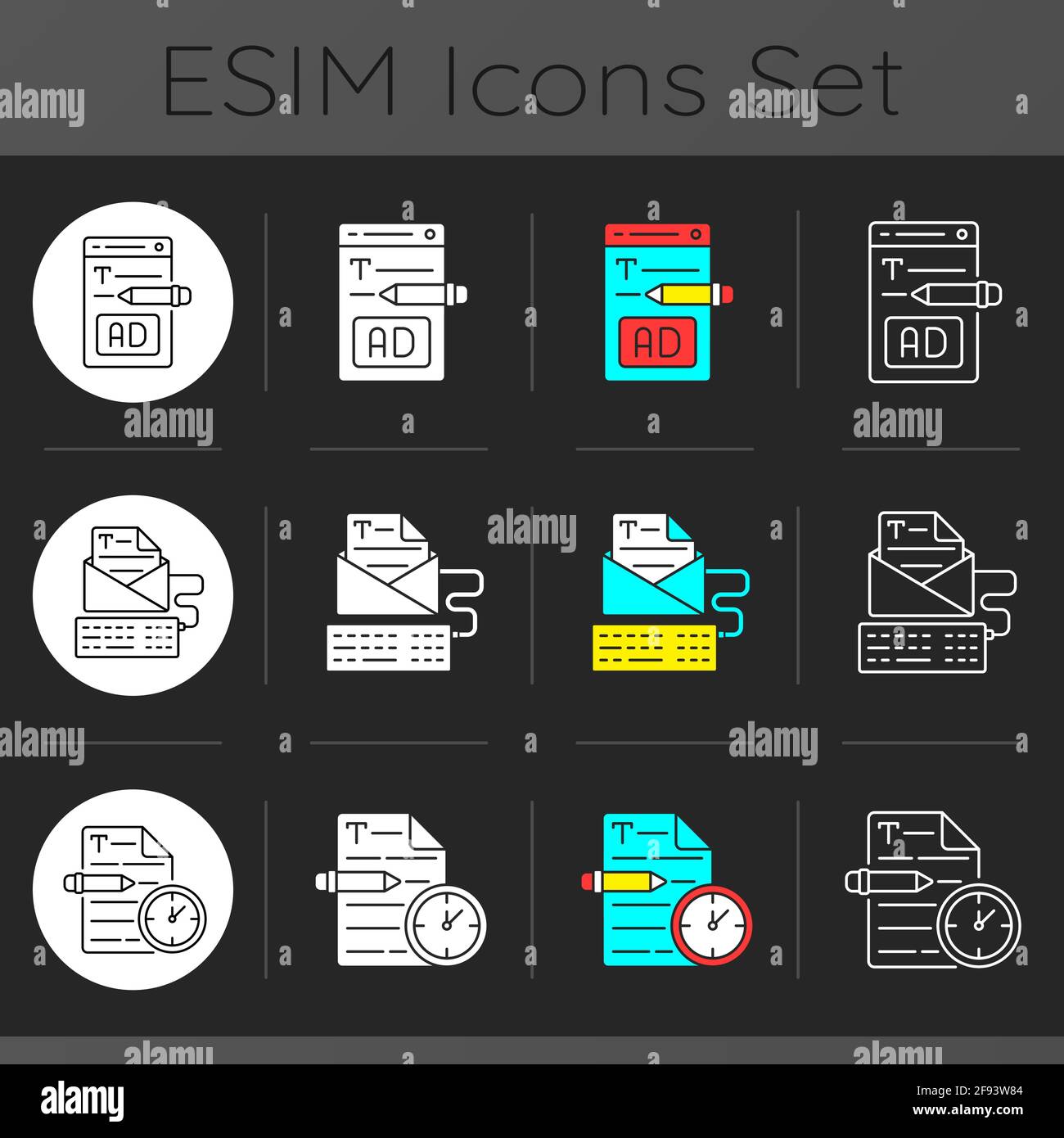 Copywriting services dark theme icons set Stock Vector