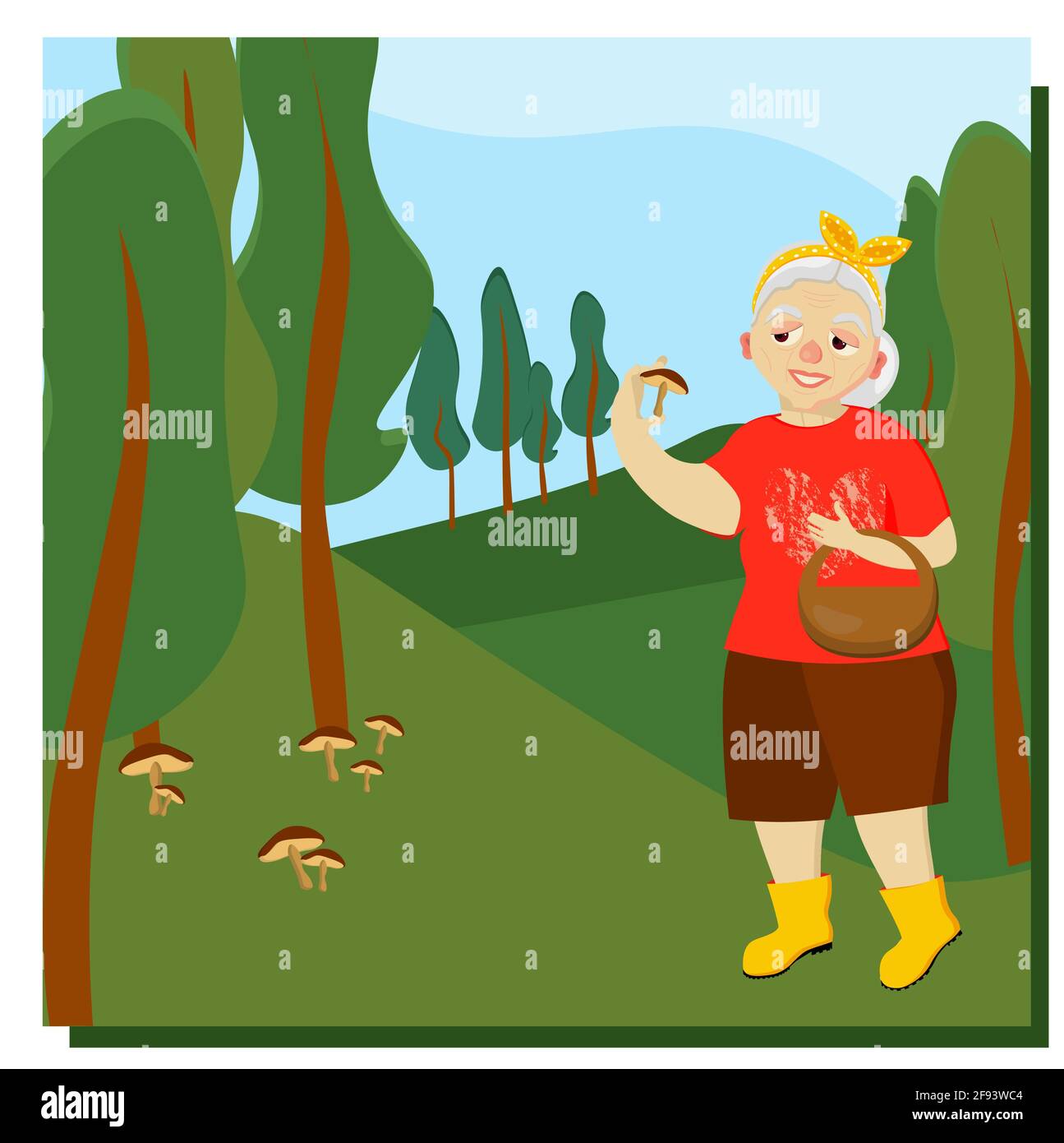 An elderly woman picks mushrooms in the forest. Mushroomer. Mushroom picking. Leisure of pensioners. Vector illustration Stock Vector