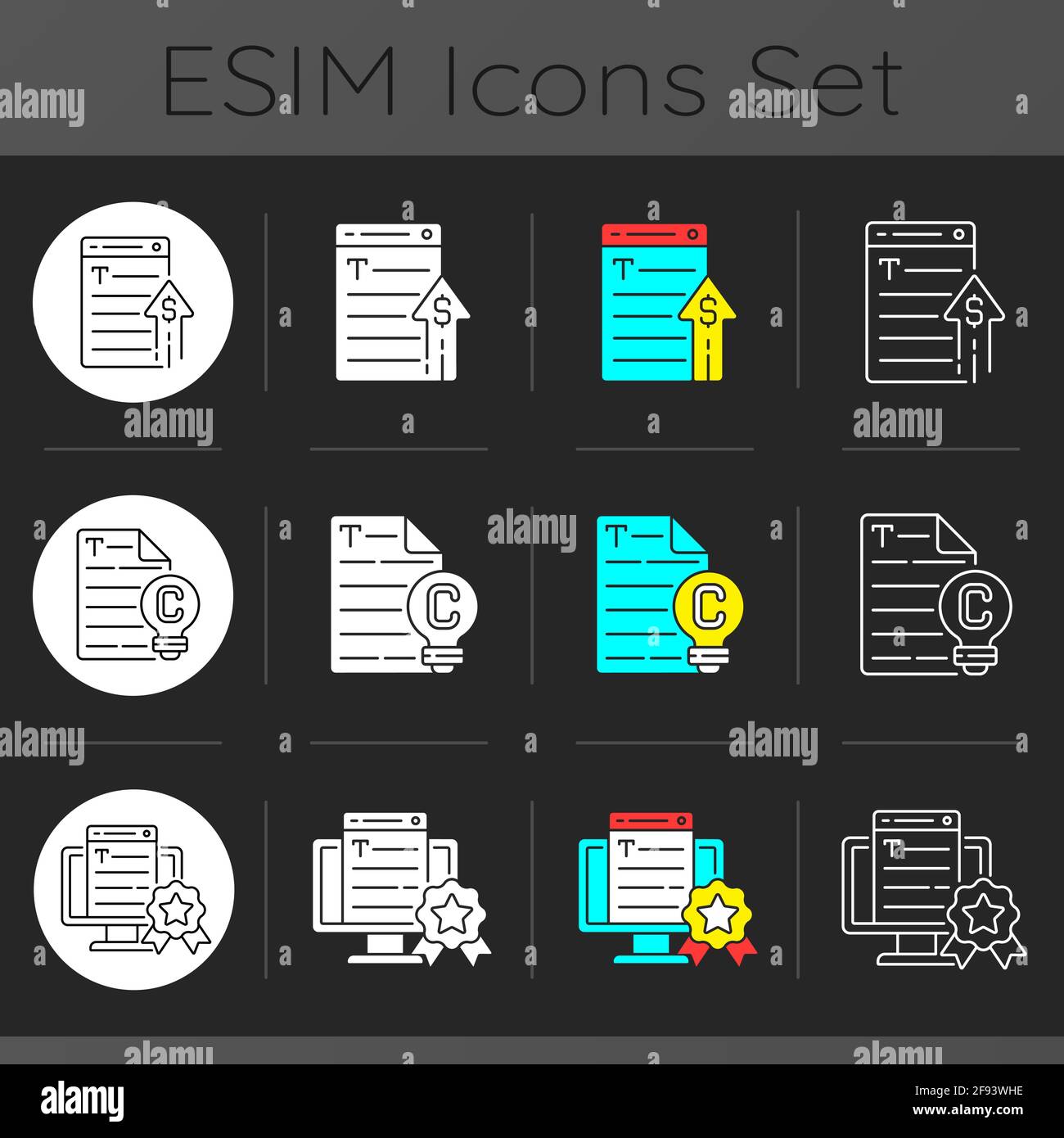 Professional copywriting services dark theme icons set Stock Vector
