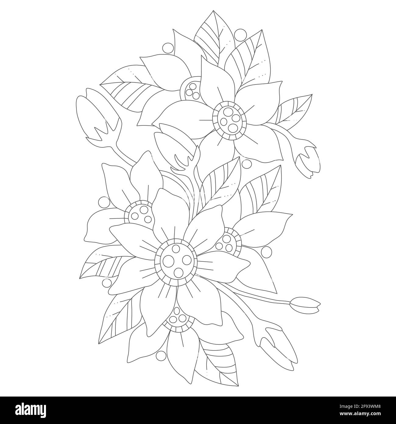 Outline doodle bohemian flowers in black and white for adult coloring books, monocrome floral vector pattern. Stock Vector