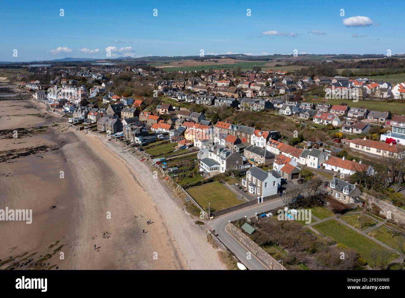 Aerial view of Lower Largo, Fife, famous as the 1676 birthplace of Alexander Selkirk who provided inspiration for Daniel Defoe's book Robinson Crusoe. Stock Photo
