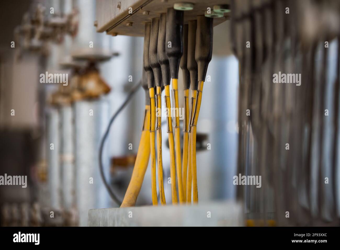 Close up of signal line cables. Oil refinery plant processing line. Low depth-of-field. Stock Photo