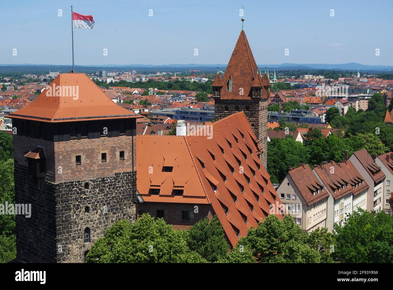 Aerial view of Pentagonal and Luginsland Towers, with Altstadt in distance, taken from the Imperial Castle, Nuremberg, Bavaria, Germany Stock Photo