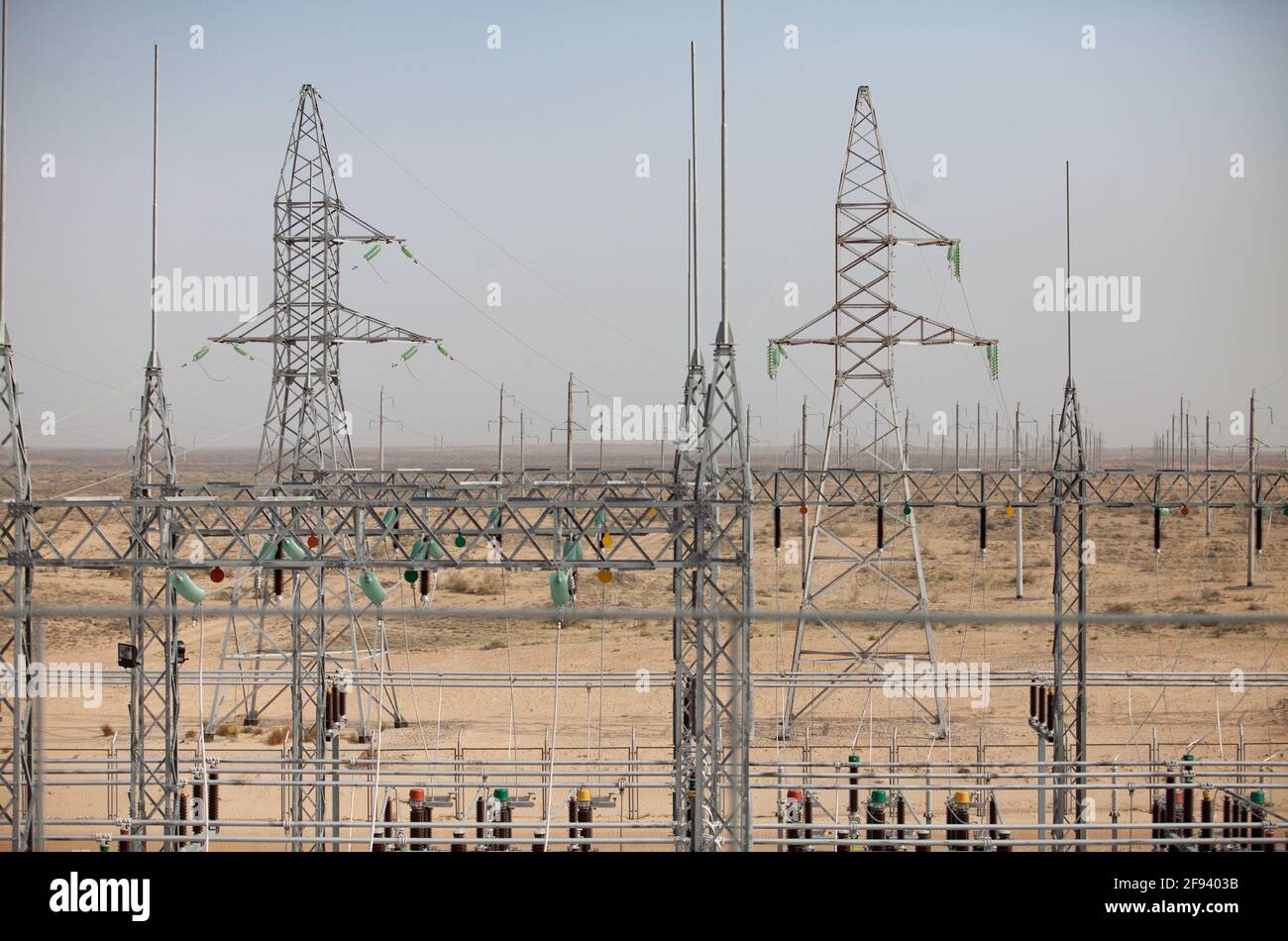 Kzylorda region/Kazakhstan - May 01 2012: Modern gas power plant. Transforming and distributing sub-station on desert background. Stock Photo