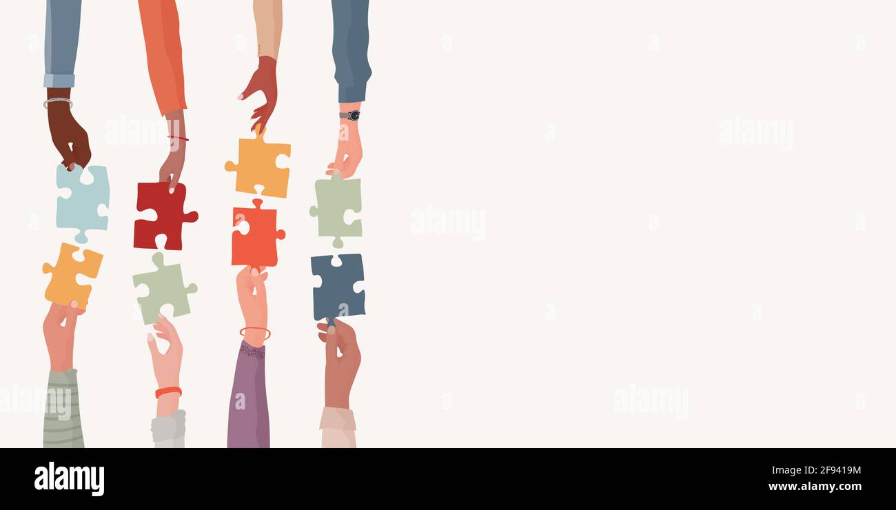Banner. Teamwork and cooperation between colleagues. Problem solving metaphor. Diverse people s arms and hands holding jigsaw puzzle piece. Sharing Stock Vector