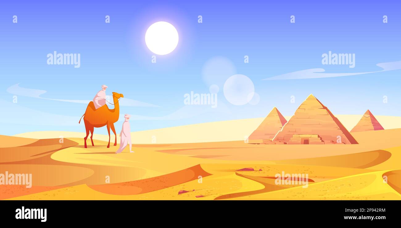 Two Men And Camel In Egyptian Desert With Pyramids Vector Cartoon Illustration Of Landscape With Arabic Bedouins Yellow Sand Dunes Ancient Pharaoh Stock Vector Image Art Alamy