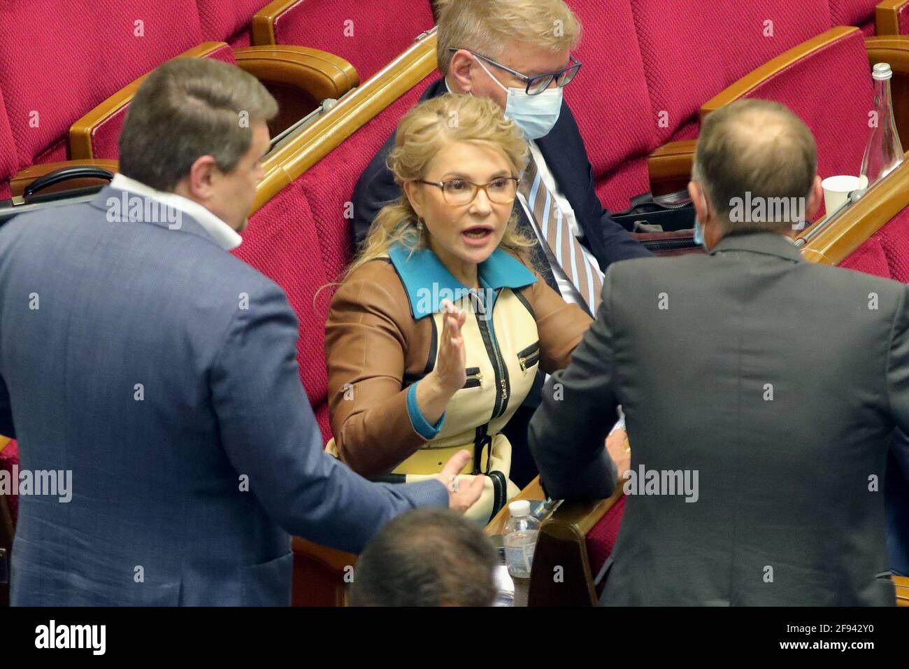 Non Exclusive: KYIV, UKRAINE - APRIL 15, 2021 - Batkivshchyna faction head, MP Yulia Tymoshenko (C) is pictured during an extraordinary sitting of the Stock Photo