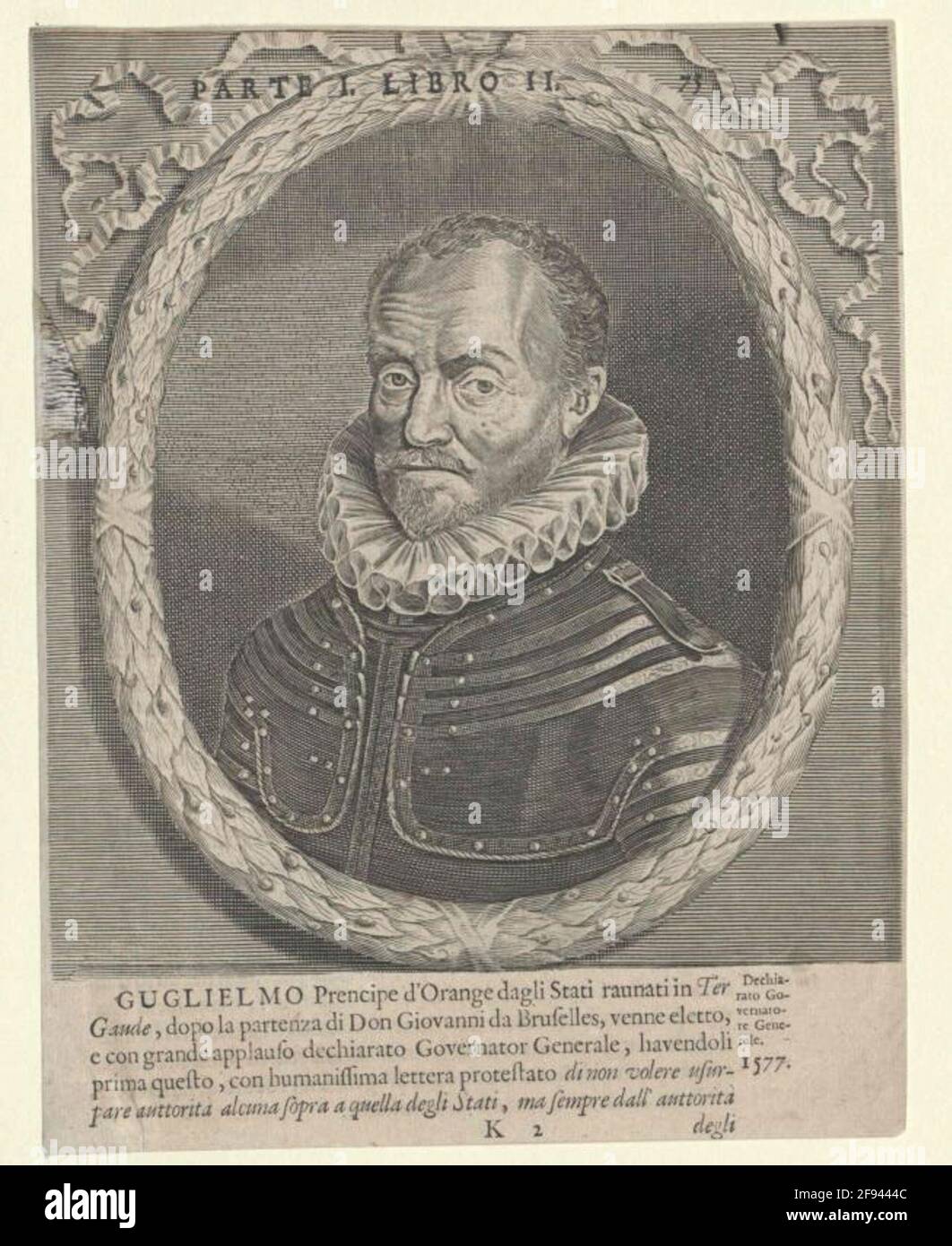 Wilhelm I, Prince of Orania, Count of Nassau Chest, half from left; Barhaupt, with mustache, shortly solid, distinctive beardfly; Cutter; in Harnisch, with decorative strips on shoulder pieces and arms; In oval made of laurel blade thread, surrounded at top with tapecor; in hatched, rectangular framing. Copper engraving. Without designation. In the picture above series notification, next to the right pagination, below the picture beginning of an Italian book text [quasilendous], ministered kustode; [Continued on the back]. From: LETi, Gregorio: Teatro Belgico Overo Ritratti Historici, Chronolo Stock Photo