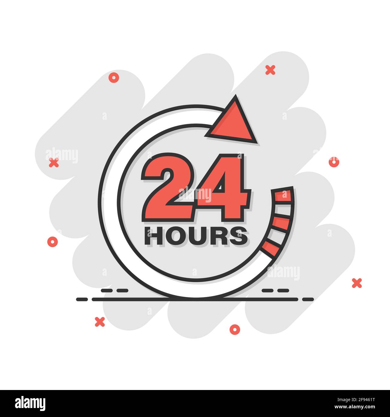 24 hours clock sign icon in comic style. Twenty four hour open vector cartoon illustration on white isolated background. Timetable business concept sp Stock Vector