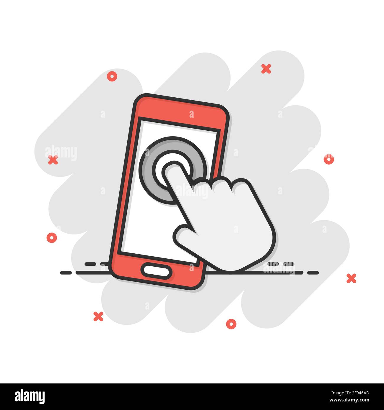 Hand touch smartphone icon in comic style. Phone finger vector cartoon ...