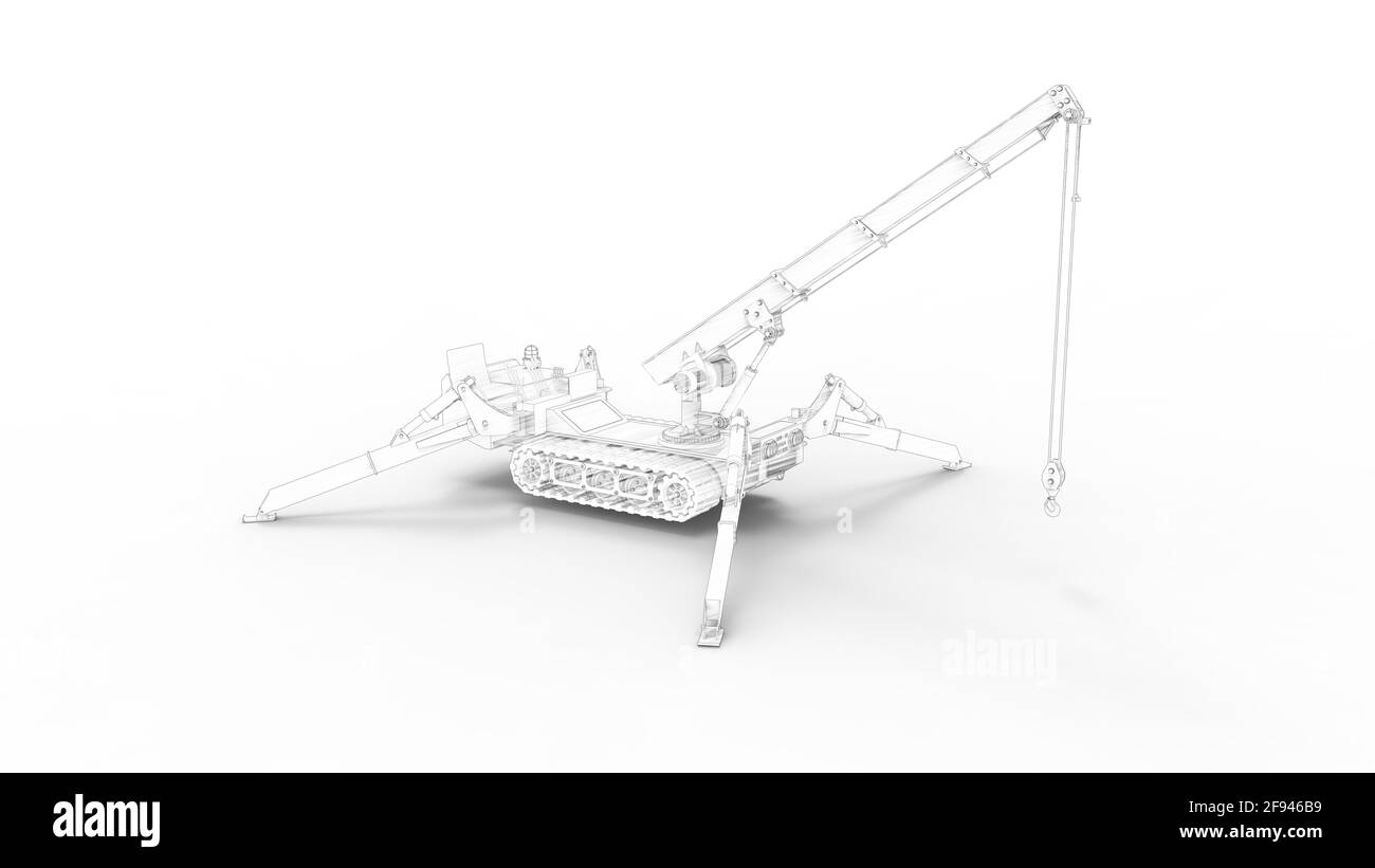 3D rendering of a mobile crane standing on its feet isolated in a white studio. Stock Photo