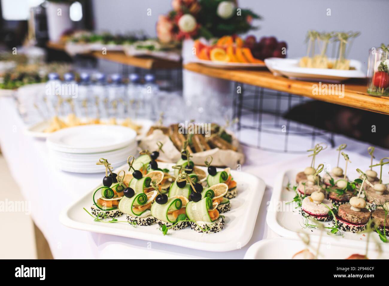 Catering service. Snacks for guests on the table. Stock Photo