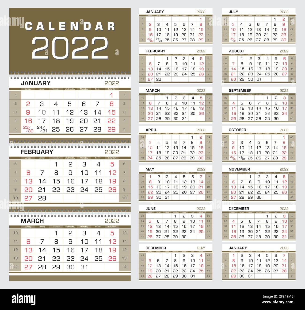 Calendar 2022 Wall Quarterly Calendar With Week Numbers Week Start From Sunday Ready For Print Color Black Red Gold Vector Illustration Stock Vector Image Art Alamy