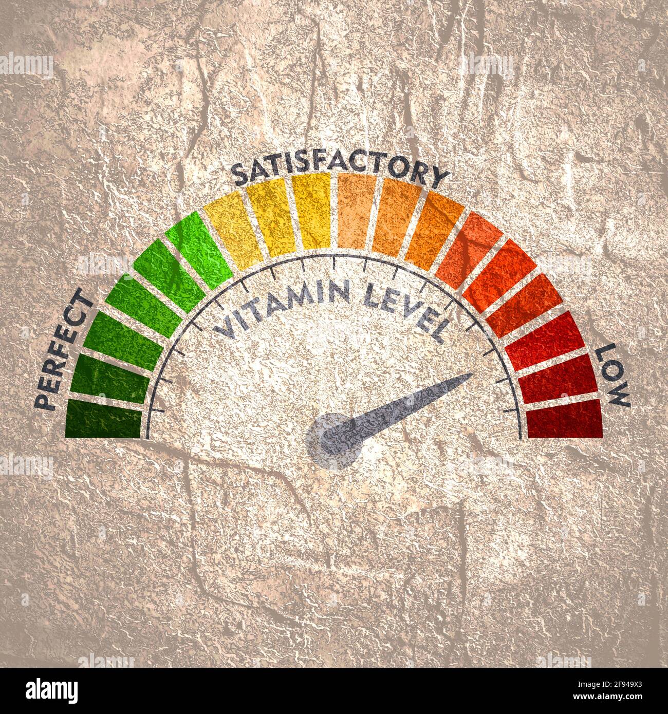 Color scale with arrow from green to red. Vitamin level measuring device icon. Sign tachometer
