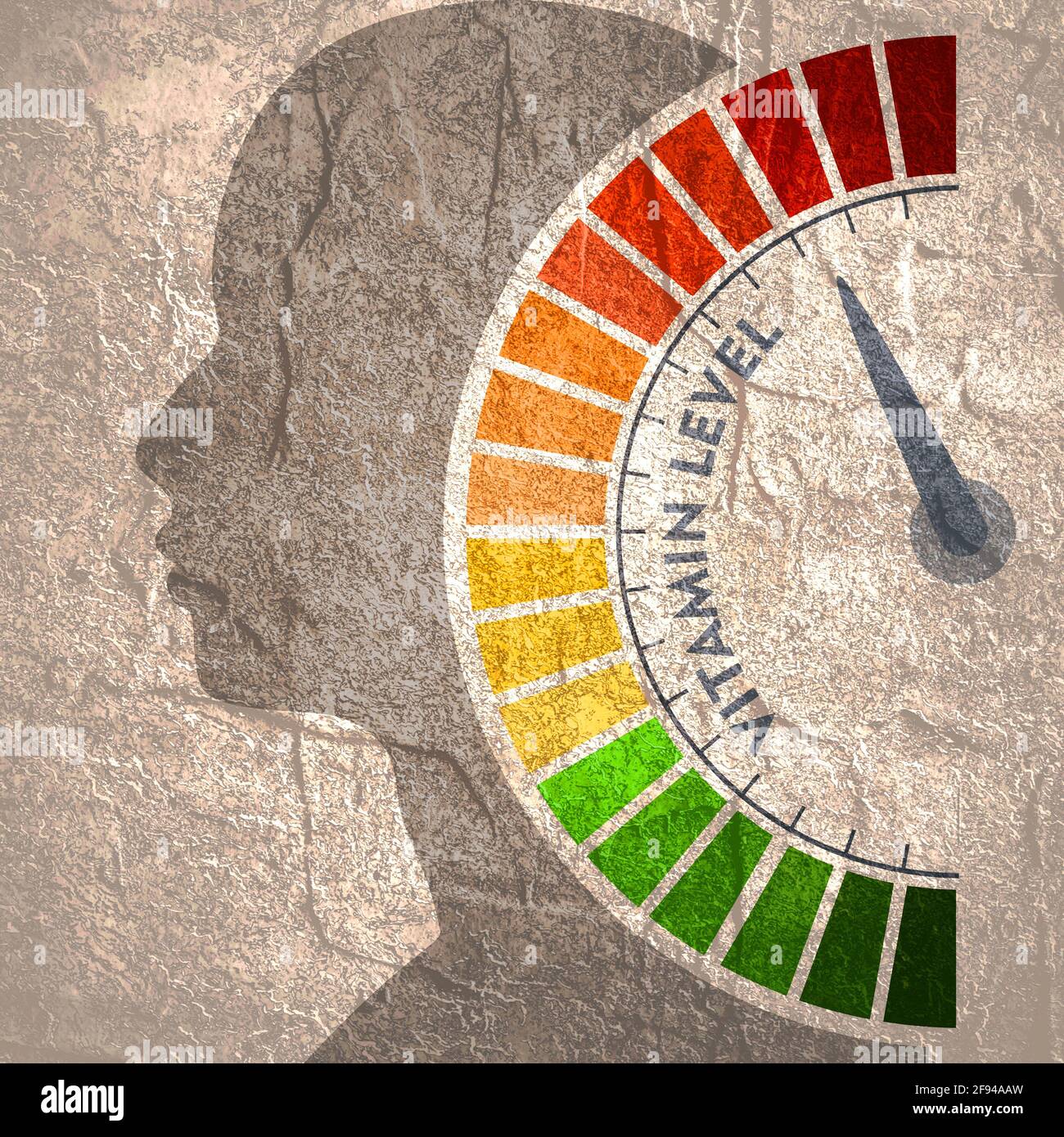 Color scale with arrow from green to red. Vitamin level measuring device icon. Sign tachometer
