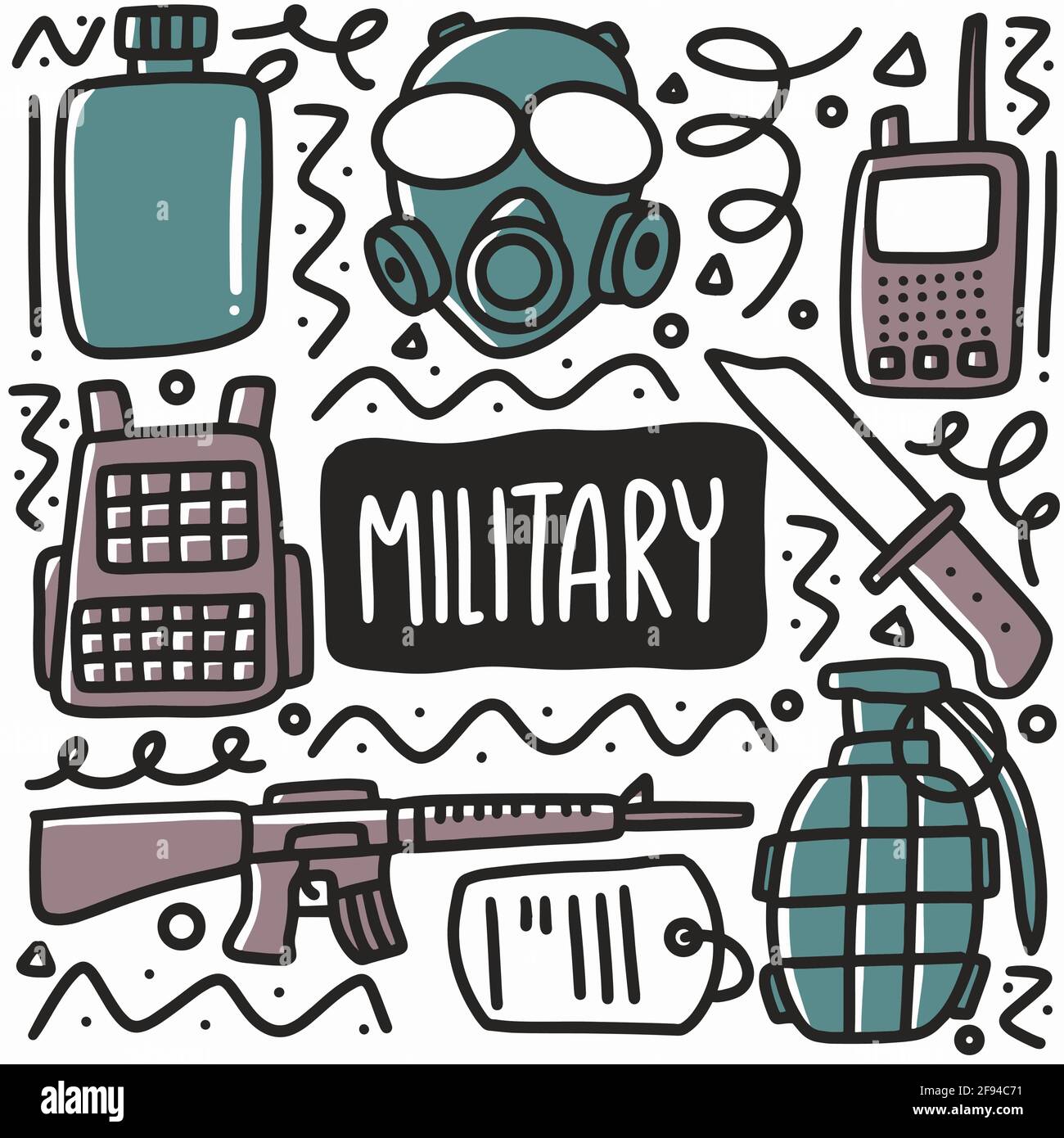 Hand drawing styles for Military items. Soldier doodle. Stock Vector