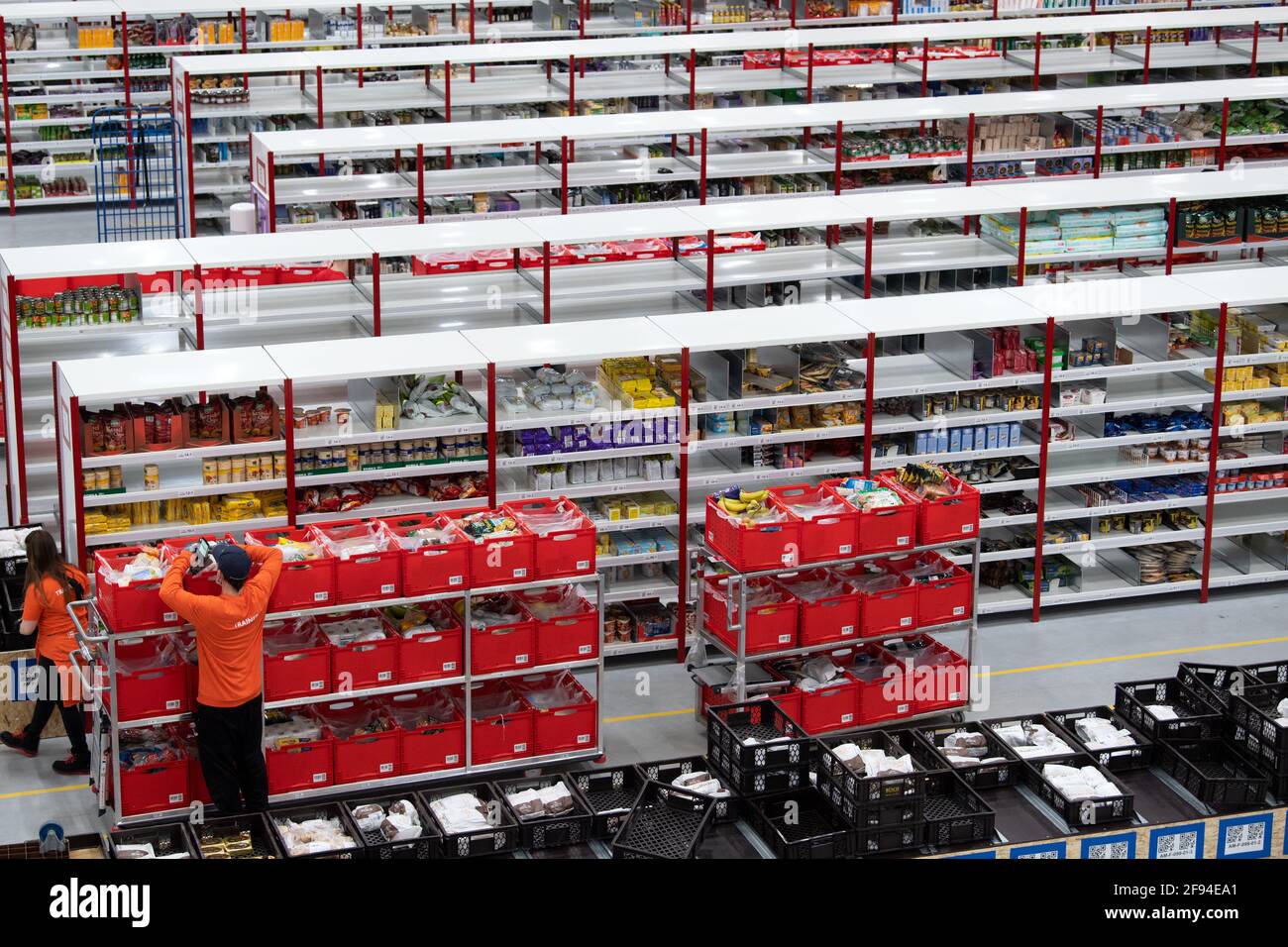 Langenfeld, Germany. 16th Apr, 2021. Shelves stand in a Picnic fulfillment  center. The online grocer Picnic has grown rapidly in the Corona year 2020.  It says the number of customers has increased