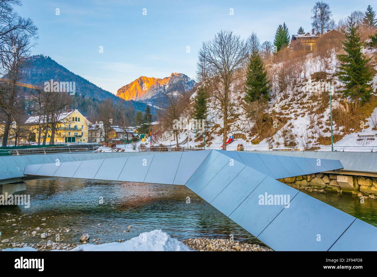 Famous Mercedes bridge over river Koppentraun in Bad Aussee town in Austria with Stock Photo