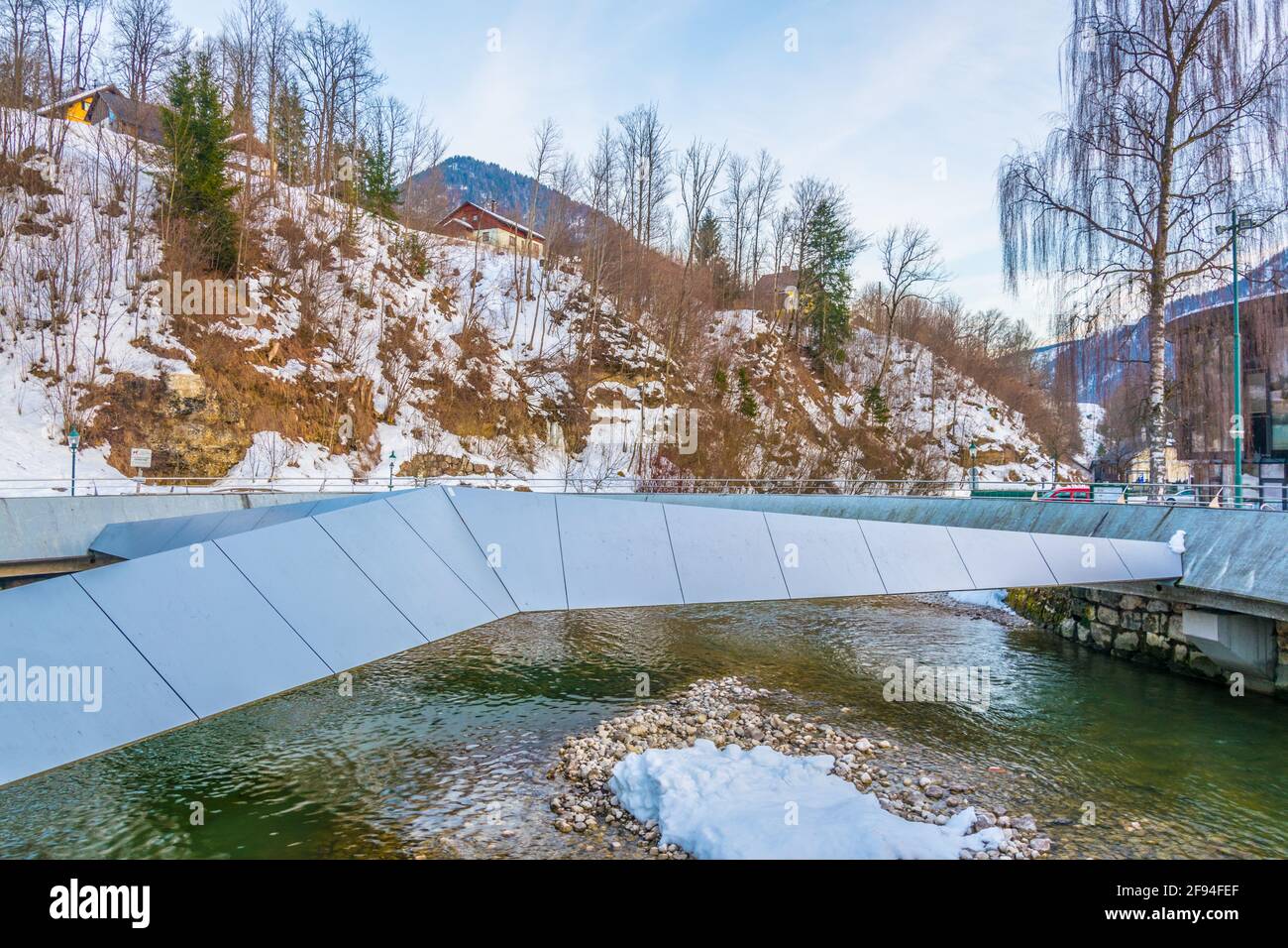 Famous Mercedes bridge over river Koppentraun in Bad Aussee town in Austria with Stock Photo