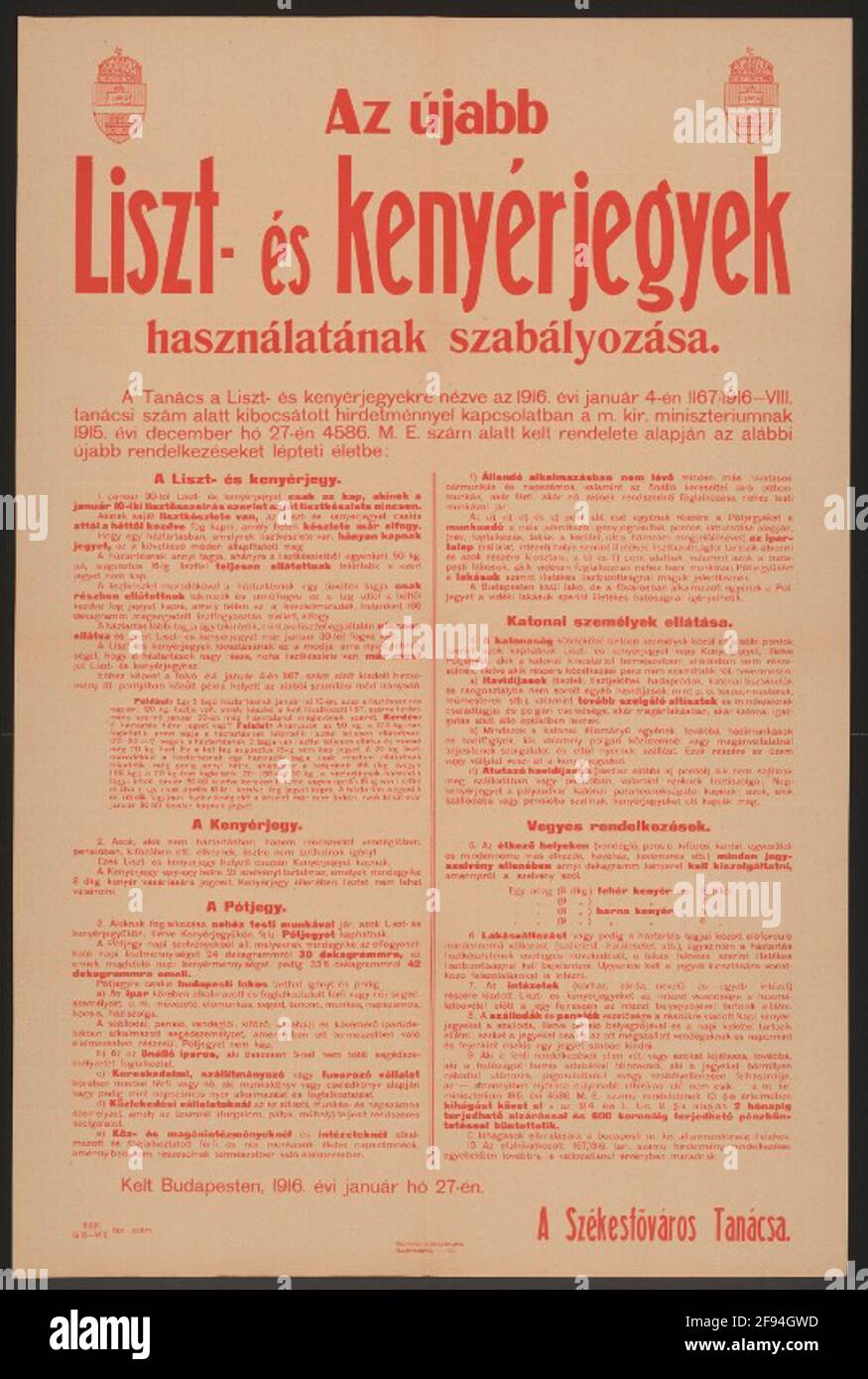 Use of the new flour and bread marks - Budapest - in Hungarian language Regulation of entitlement, rations, prices and sanctions in non-compliance - Budapest, January 27, 1916 - Council of the Residence Capital - 8391/1916-VIII. Stock Photo