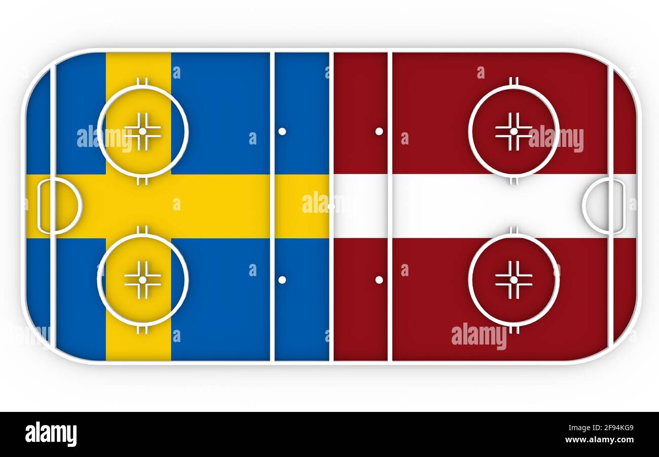 Sweden vs Latvia. Ice hockey competition. National flags on playground. 3D rendering Stock Photo
