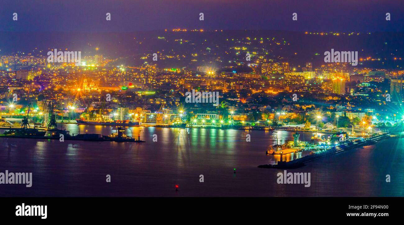 Night view of the industrial part of the varna harbor in Bulgaria. Stock Photo