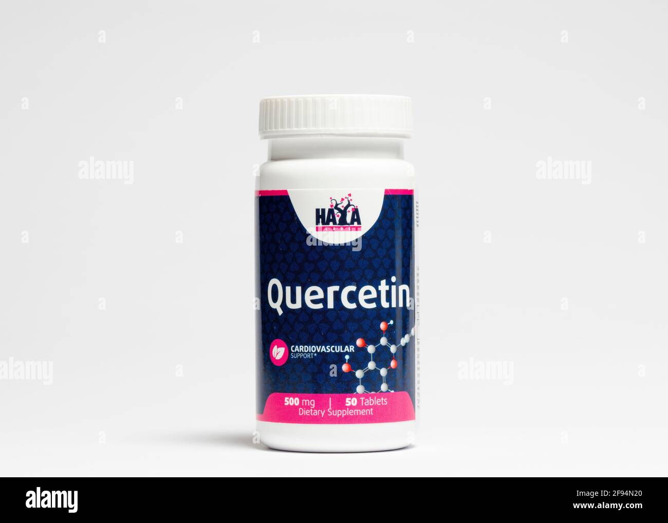 Quercetin 500mg dietary supplement tablets for immune health and cardiovascular support. Manufactured for HaYa Labs LLL. Dietary supplements concept. Stock Photo