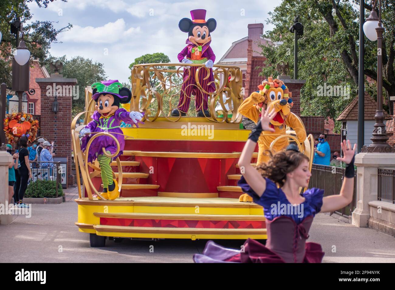 Orlando, Florida. August 04, 2020. Mickey, Minnie and Pluto on Halloween Parade float at Magic Kingdom (468) Stock Photo