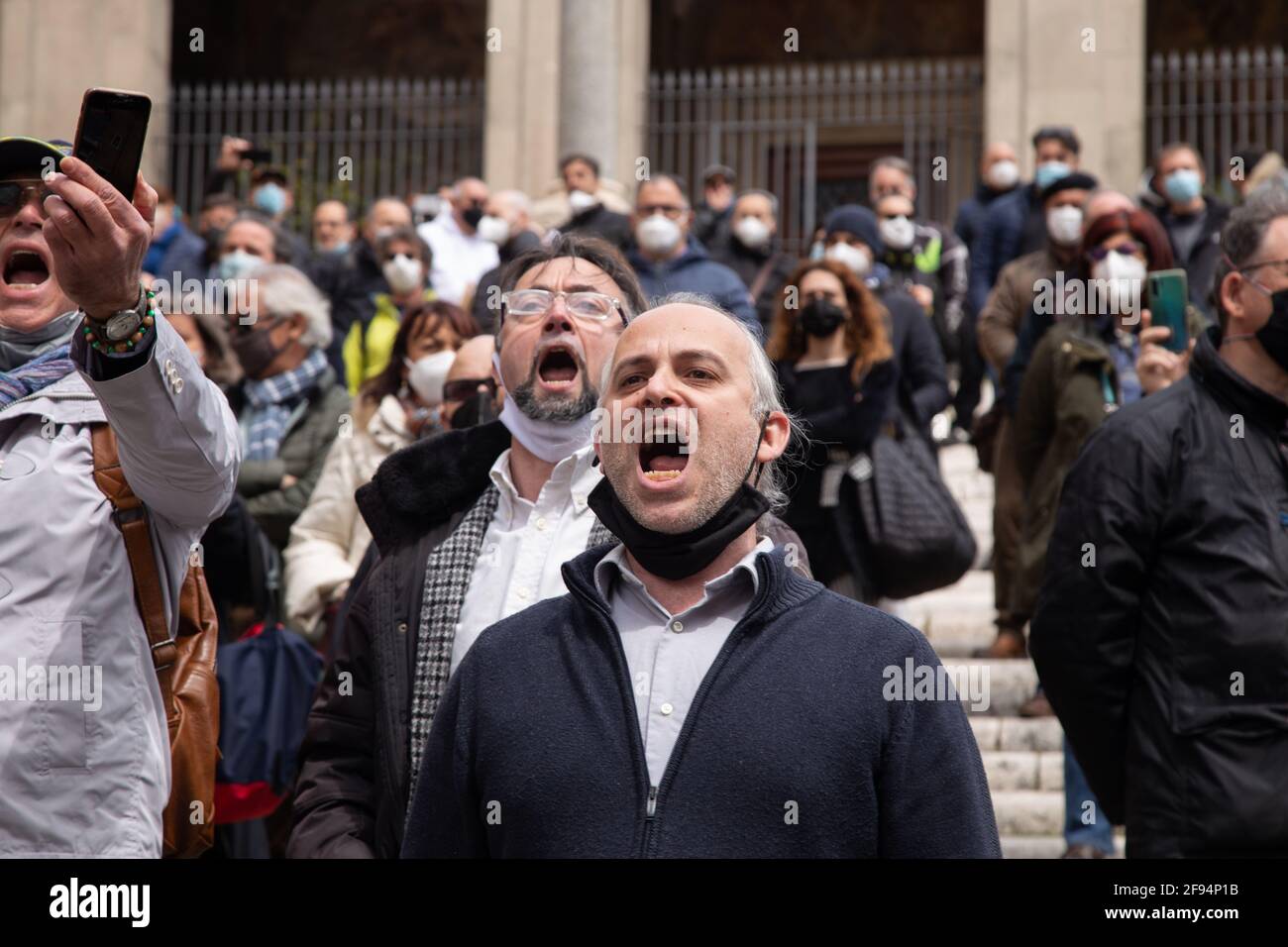 Rome, Italy. 16th Apr, 2021. Flashmob organized in Piazza del Campidoglio in Rome by the workers of the Teatro dell'Opera di Roma to protest against the downsizing of the staff of the Teatro dell'Opera. They played and sang 'Nessun Dorma' of the opera Turandot by Giacomo Puccini. (Photo by Matteo Nardone/Pacific Press) Credit: Pacific Press Media Production Corp./Alamy Live News Stock Photo