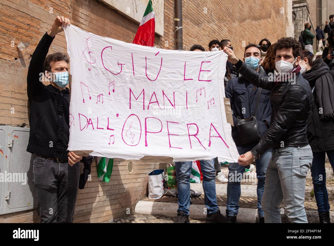 Rome, Italy. 16th Apr, 2021. Flashmob organized in Piazza del Campidoglio in Rome by the workers of the Teatro dell'Opera di Roma to protest against the downsizing of the staff of the Teatro dell'Opera. They played and sang 'Nessun Dorma' of the opera Turandot by Giacomo Puccini. (Photo by Matteo Nardone/Pacific Press) Credit: Pacific Press Media Production Corp./Alamy Live News Stock Photo