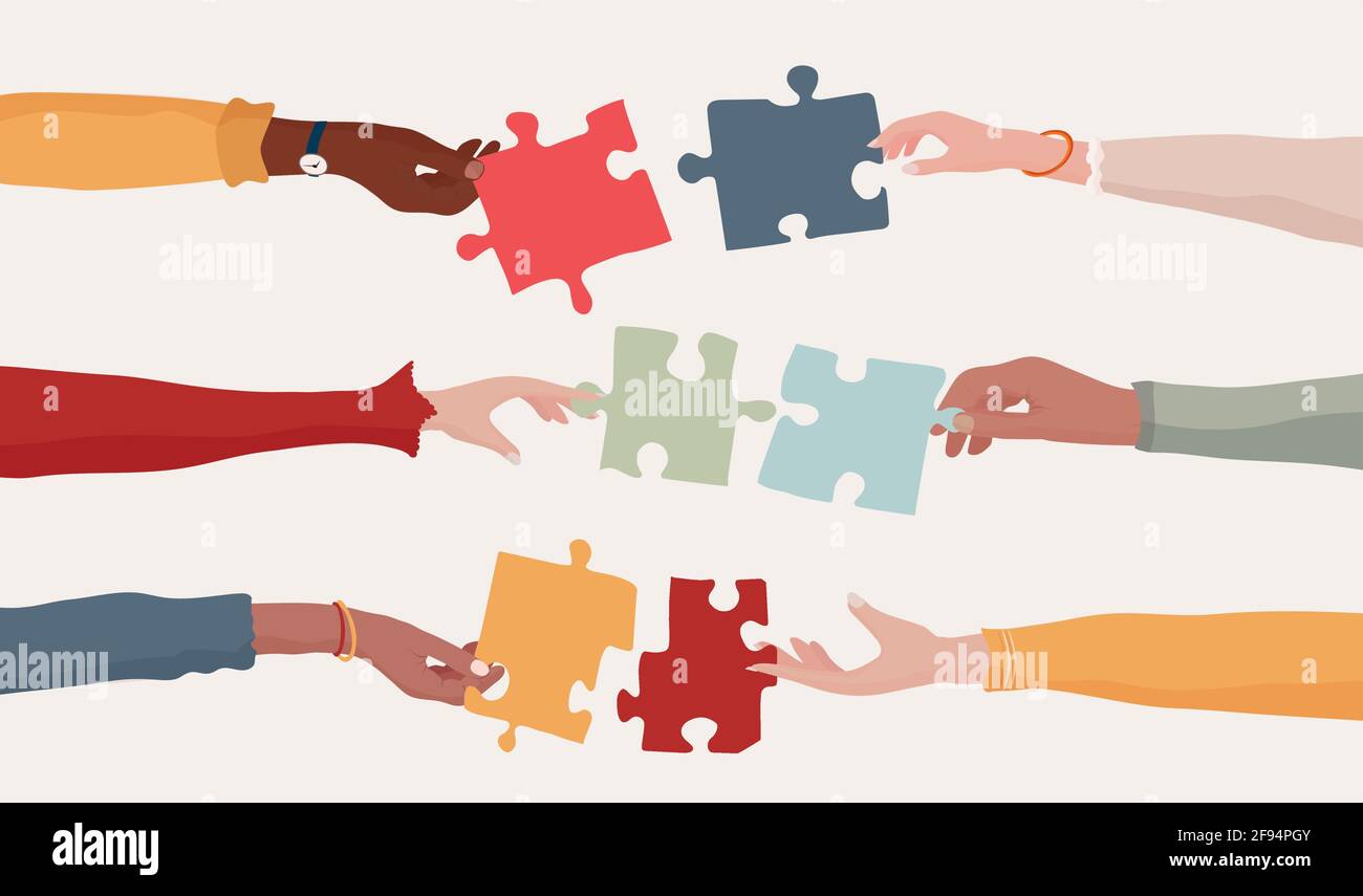 Cooperation and collaboration concept. Hands holding a jigsaw puzzle piece which joins another puzzle piece. Communication between diverse people. Stock Vector