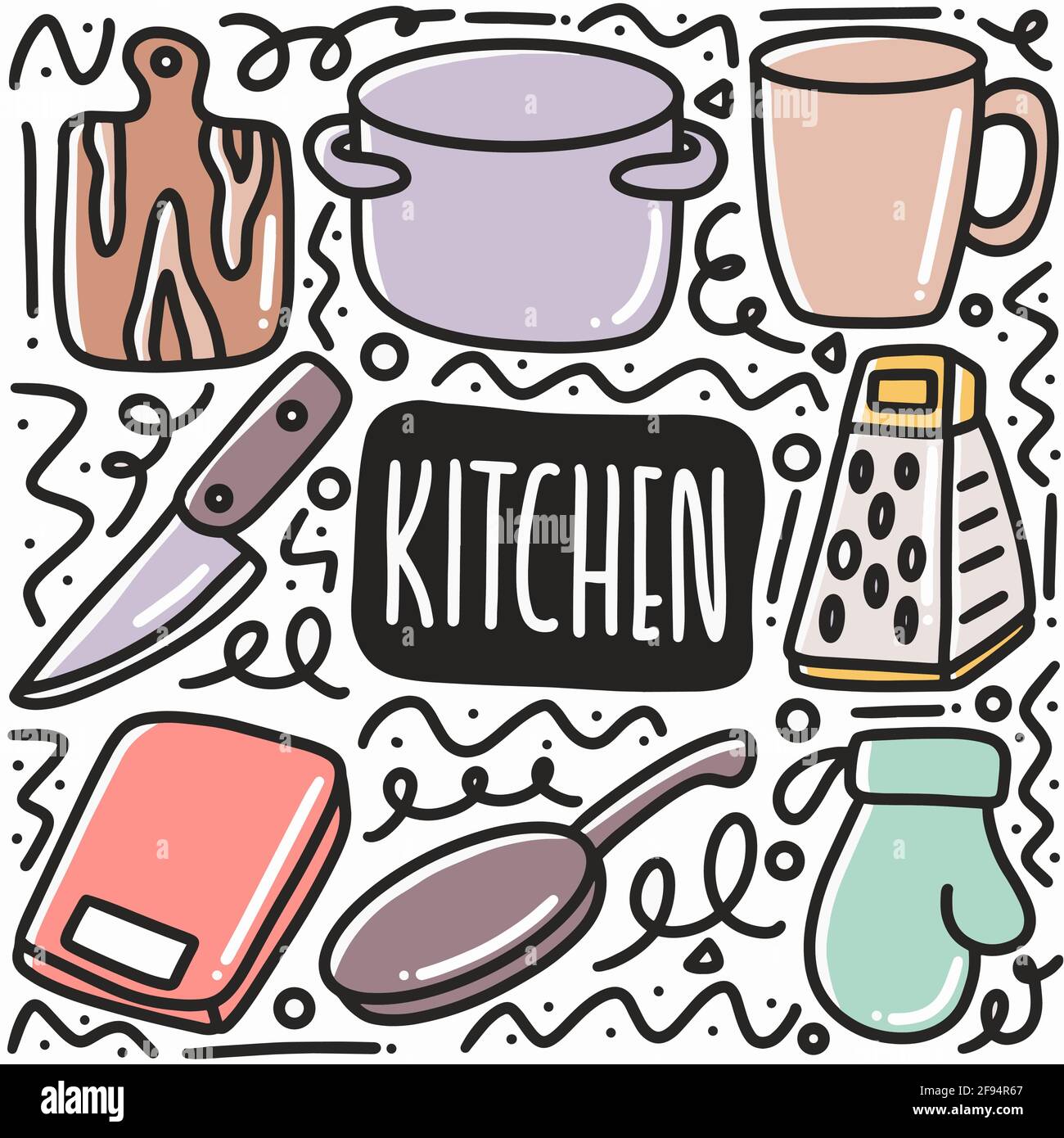 Set with kitchen utensil and appliance. Scandinavian illustration of kitchen  elements in flat style. Funny cartoon texture with hand drawn food  preparation and kitchenware. Vector doodle clipart. Stock Vector by ©Monash  412159158