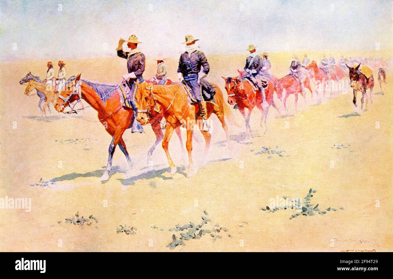 This illustration by Frederic Remington shows the Training of a Soldier of United states troops on the March. Frederic Remington (1861–1909)  was an American sculptor and painter of subjects based mostly on life in the Western United States. Stock Photo