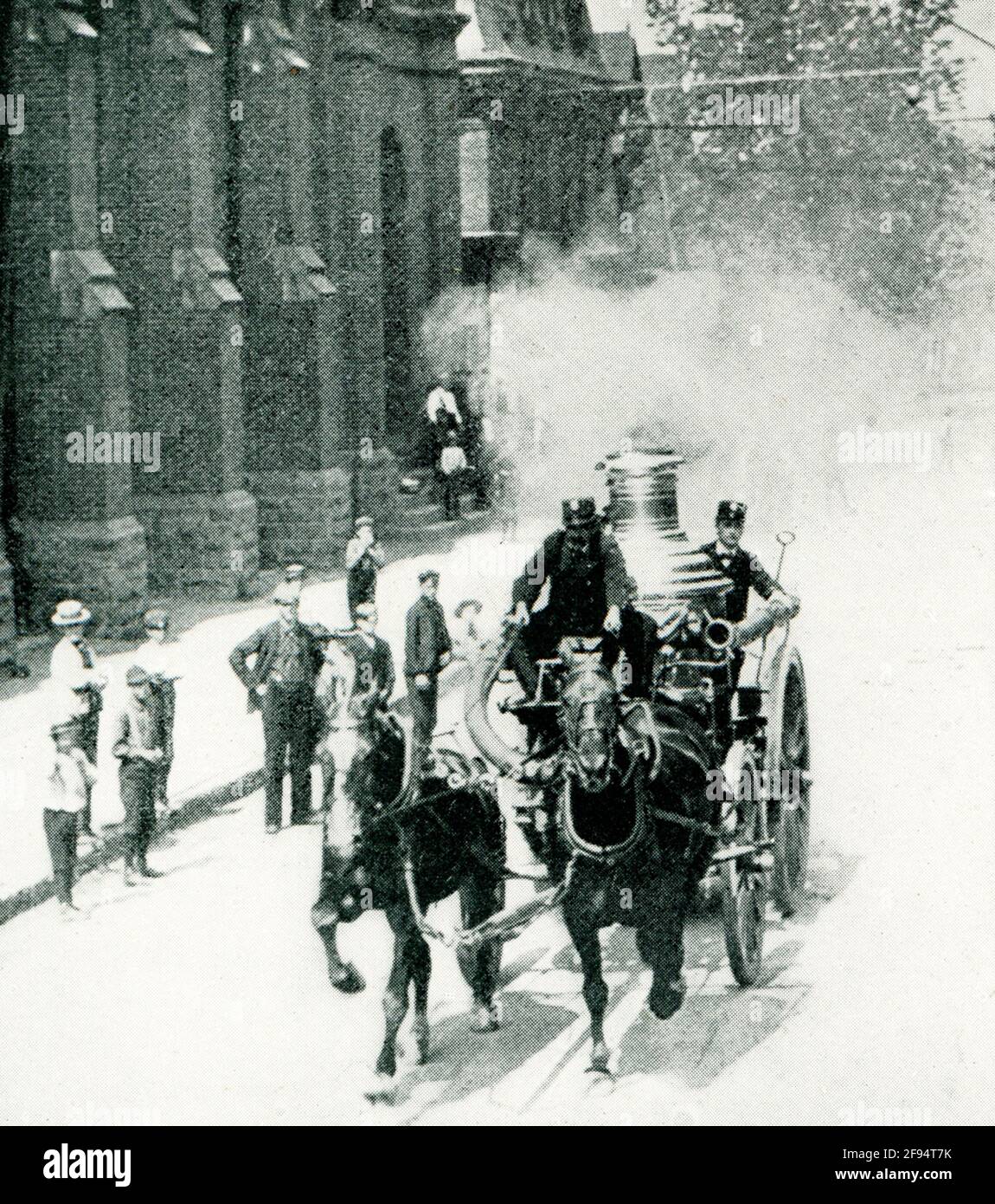 This 1903 photo shows a steamer going to a fire. Stock Photo